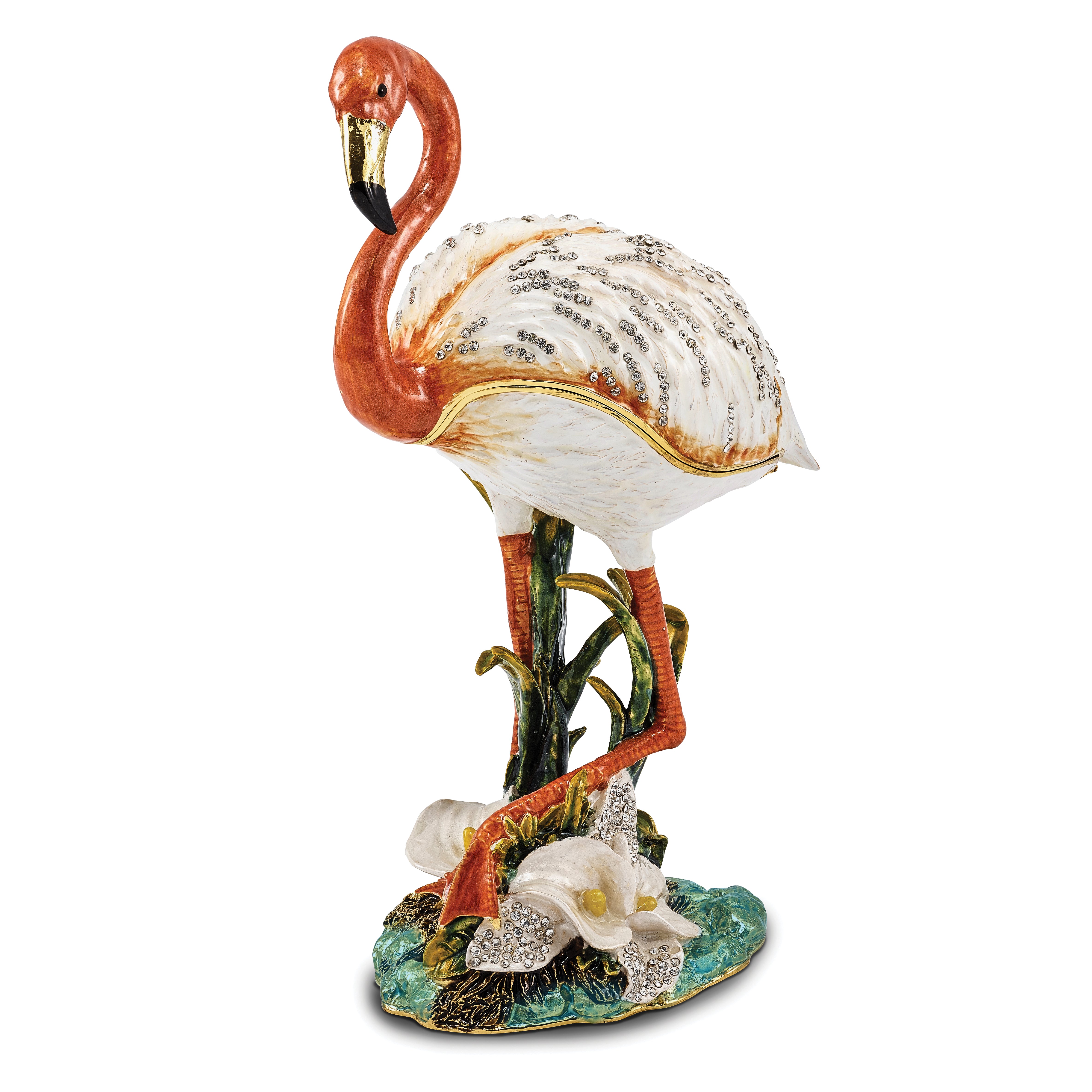 Luxury Giftware Pewter Bejeweled Crystals Gold-tone Enameled MANGO Large Flamingo Trinket Box with Matching 18 Inch Necklace