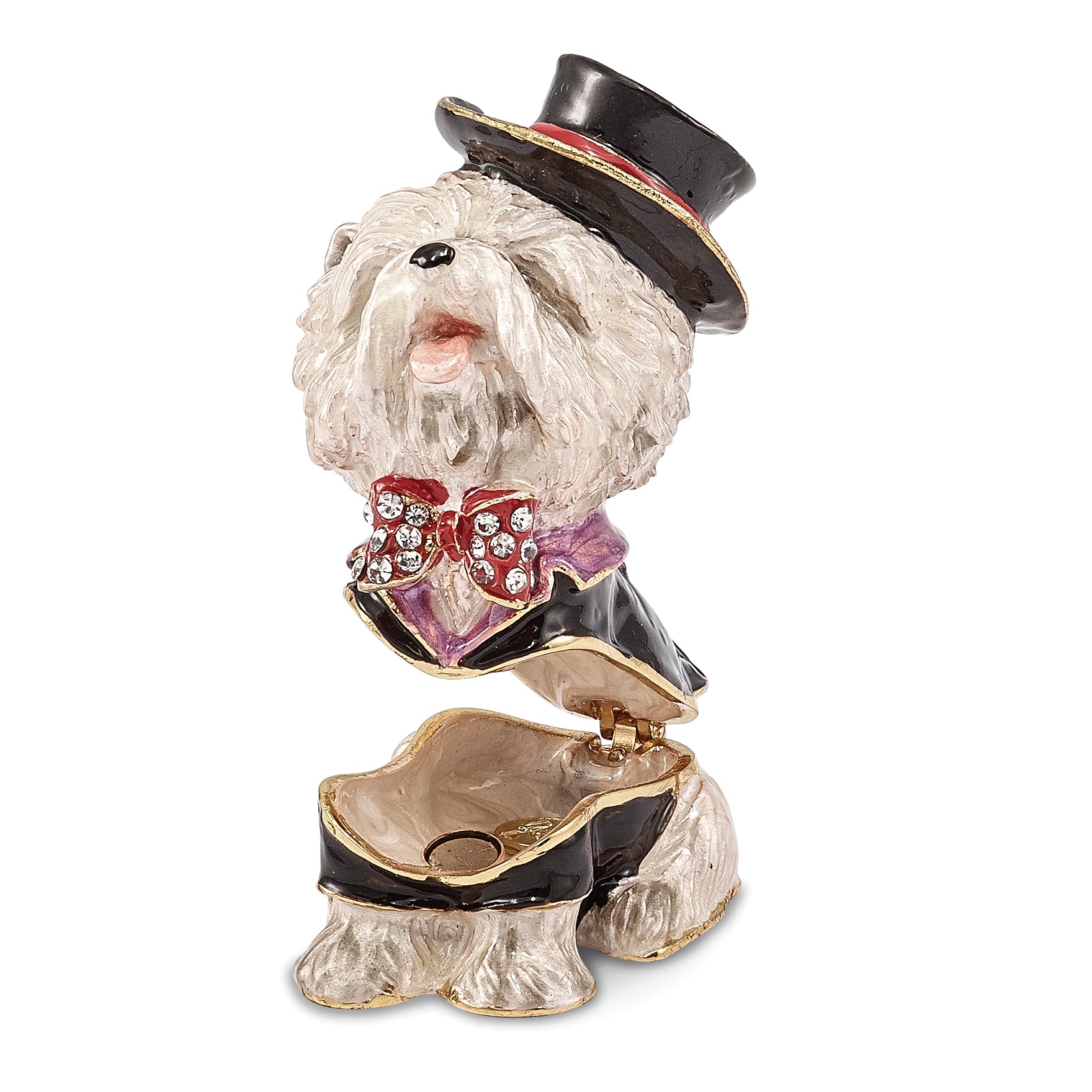 Luxury Giftware Pewter Bejeweled Crystals Gold-tone Enameled R. BUTLER Tuxedo Dog Trinket Box with Matching 18 Inch Necklace