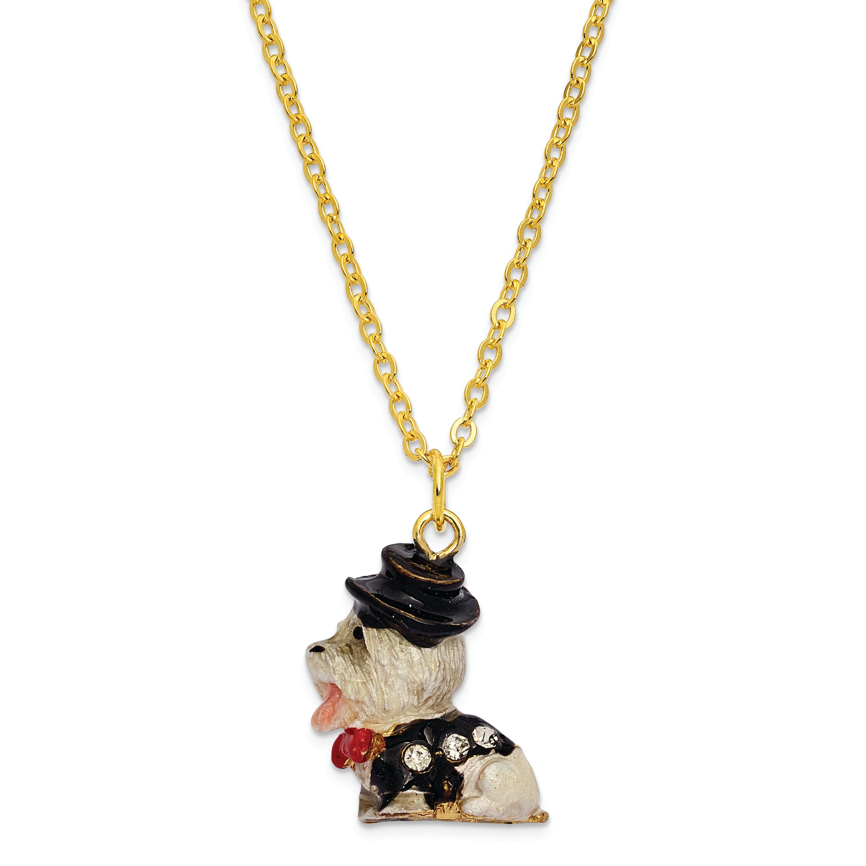 Luxury Giftware Pewter Bejeweled Crystals Gold-tone Enameled R. BUTLER Tuxedo Dog Trinket Box with Matching 18 Inch Necklace