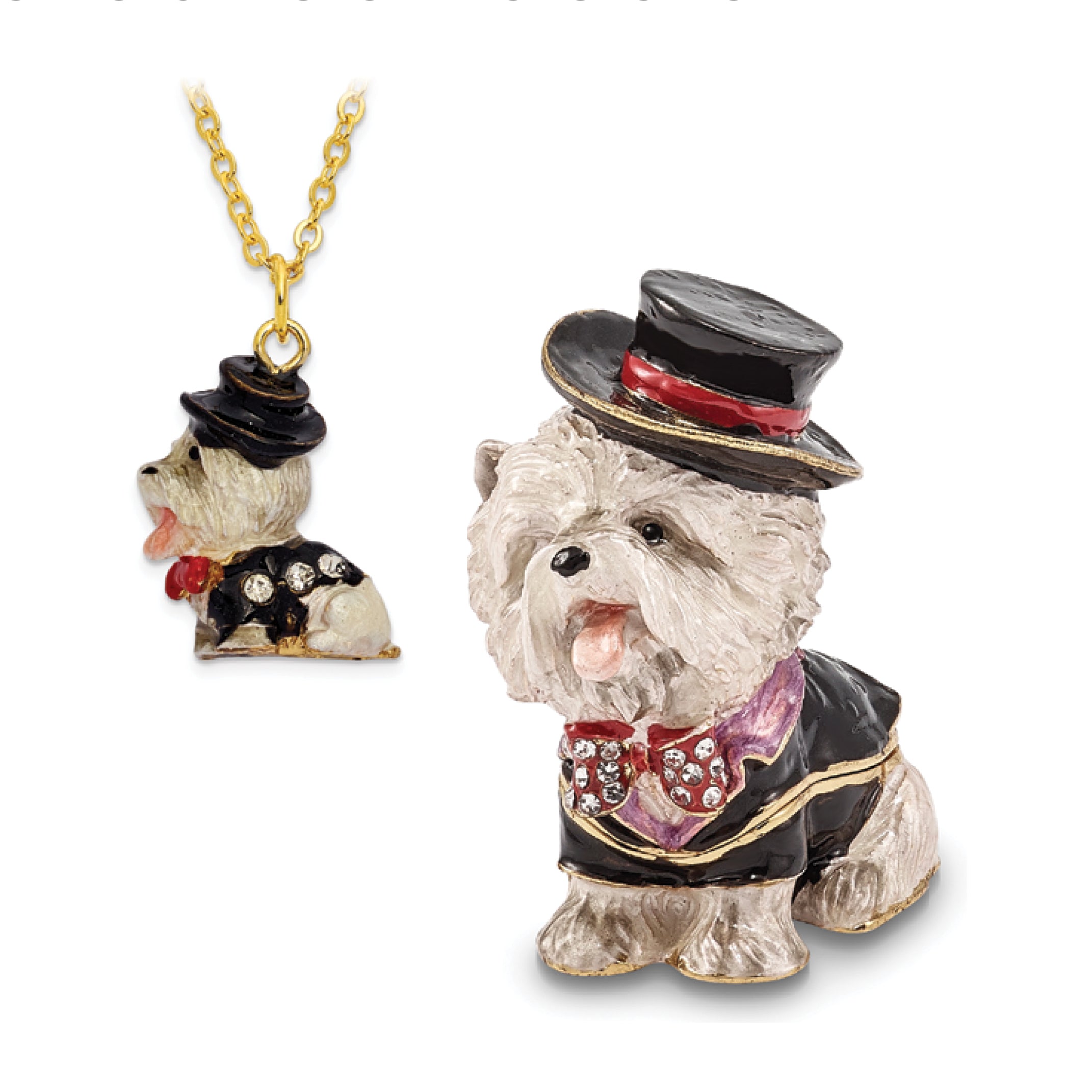 Luxury Giftware Pewter Bejeweled Crystals Gold-tone Enameled R. BUTLER Tuxedo Dog Trinket Box with Matching 18 Inch Necklace