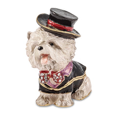 Luxury Giftware Pewter Bejeweled Crystals Gold-tone Enameled R. BUTLER Tuxedo Dog Trinket Box with Matching 18 Inch Necklace