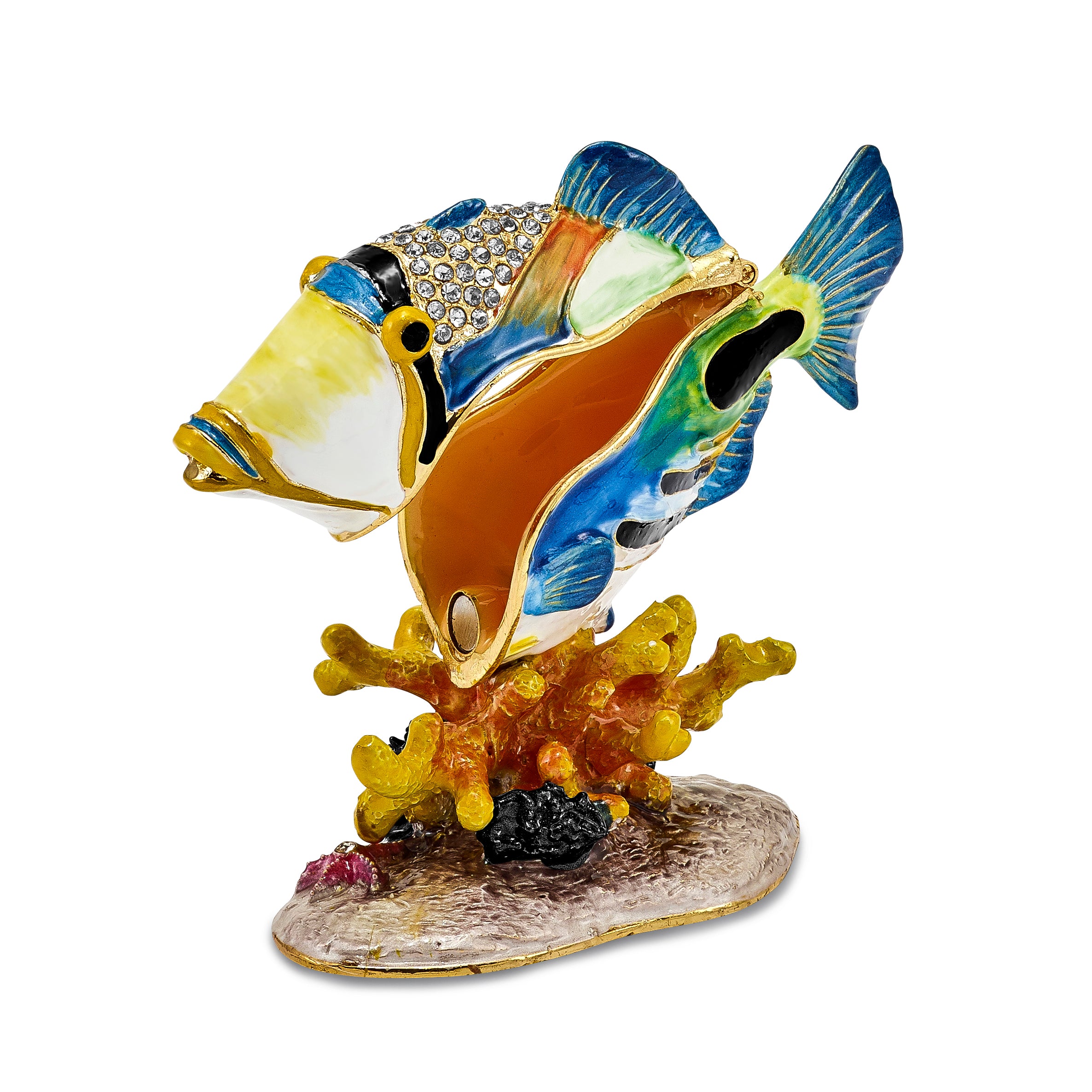 Luxury Giftware Pewter Bejeweled Crystals Gold-tone Enameled TRIGGER Humu Humu Fish Trinket Box with Matching 18 Inch Necklace