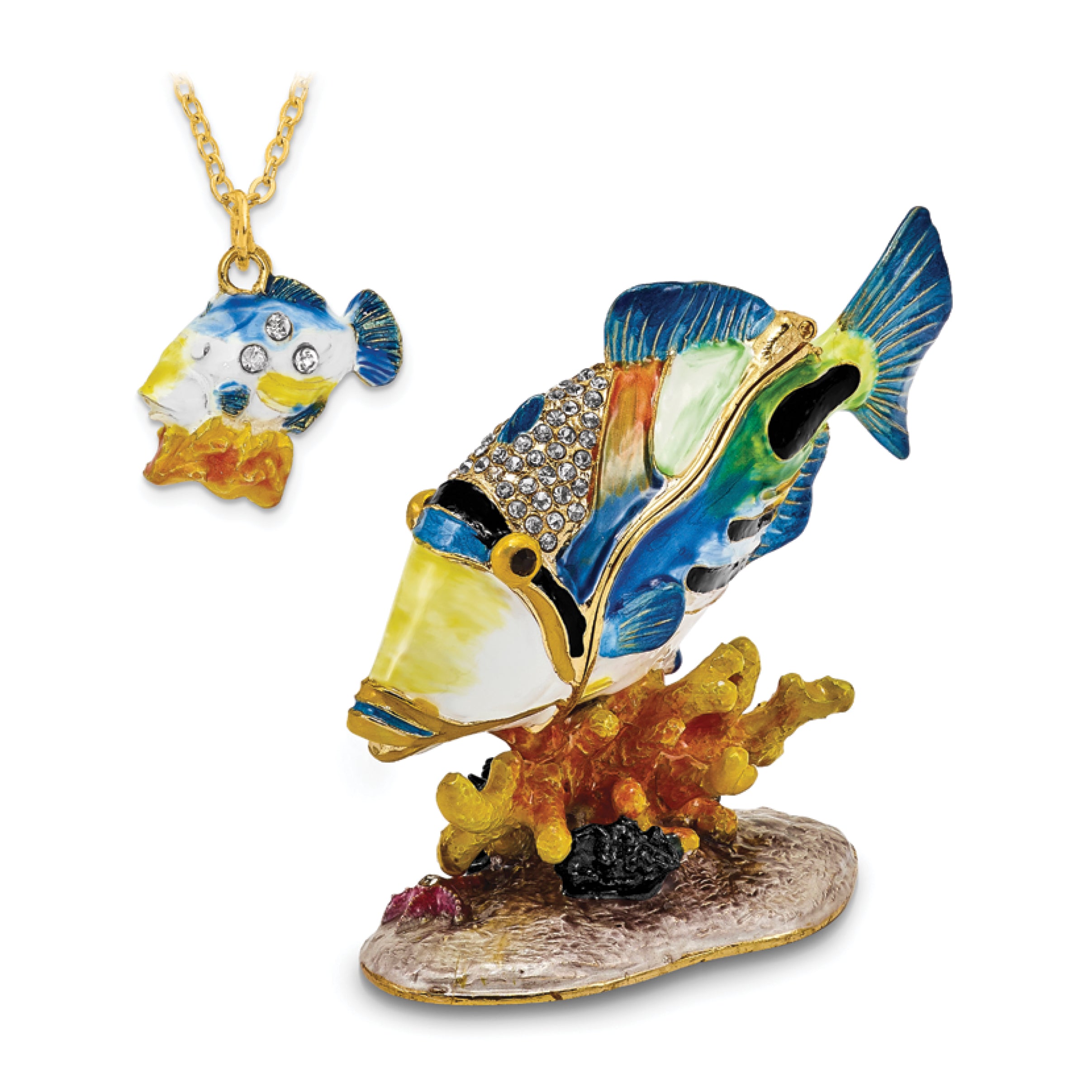 Luxury Giftware Pewter Bejeweled Crystals Gold-tone Enameled TRIGGER Humu Humu Fish Trinket Box with Matching 18 Inch Necklace