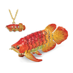 Luxury Giftware Pewter Bejeweled Crystals Gold-tone Enameled SUMO Koi Fish Trinket Box with Matching 18 Inch Necklace