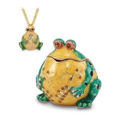 Luxury Giftware Pewter Bejeweled Crystals Gold-tone Enameled BUBBA Croaking Bullfrog Trinket Box with Matching 18 Inch Necklace