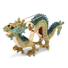 Luxury Giftware Pewter Bejeweled Crystals Gold-tone Enameled CHI Chinese Dragon Trinket Box with Matching 18 Inch Necklace