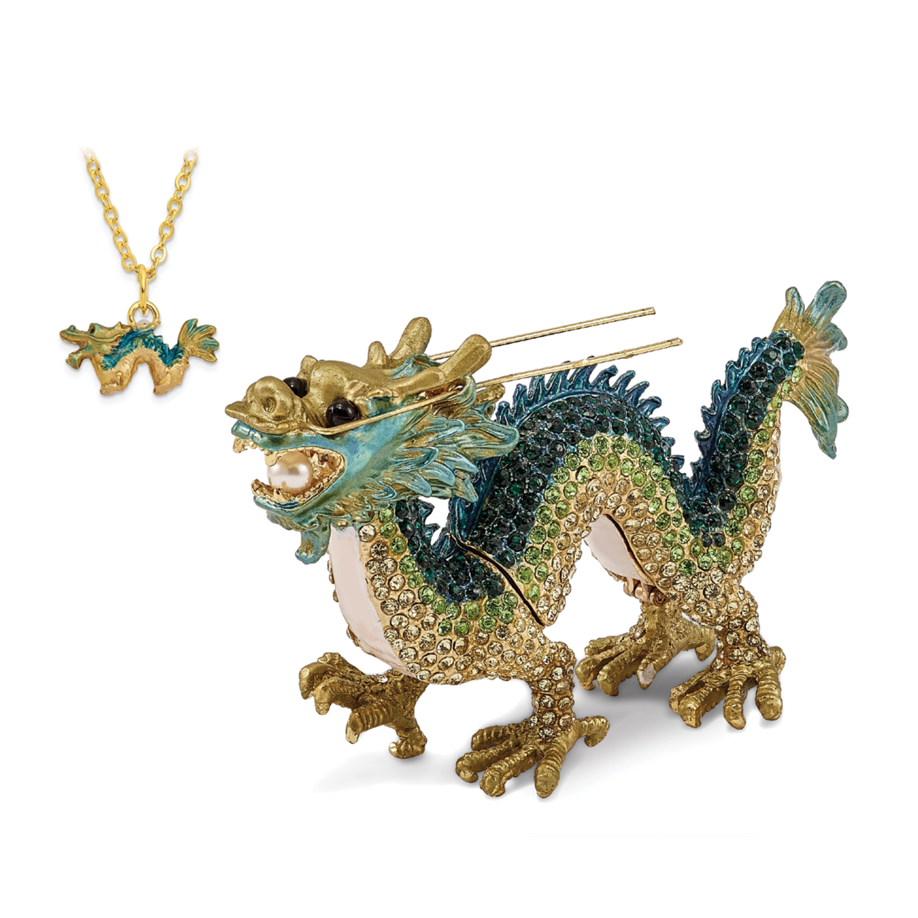 Luxury Giftware Pewter Bejeweled Crystals Gold-tone Enameled CHI Chinese Dragon Trinket Box with Matching 18 Inch Necklace