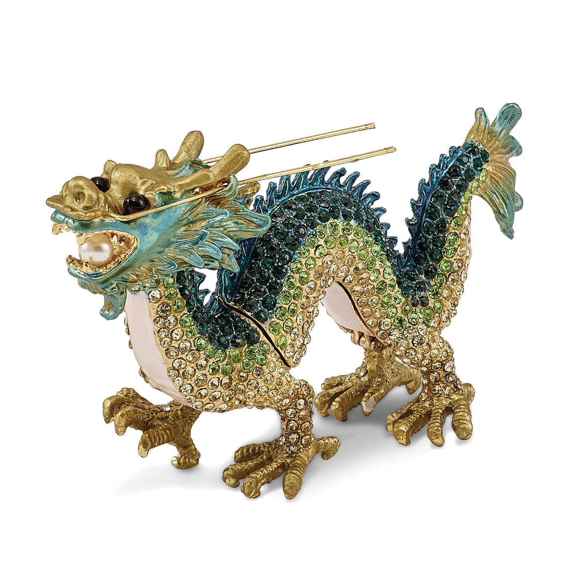 Luxury Giftware Pewter Bejeweled Crystals Gold-tone Enameled CHI Chinese Dragon Trinket Box with Matching 18 Inch Necklace