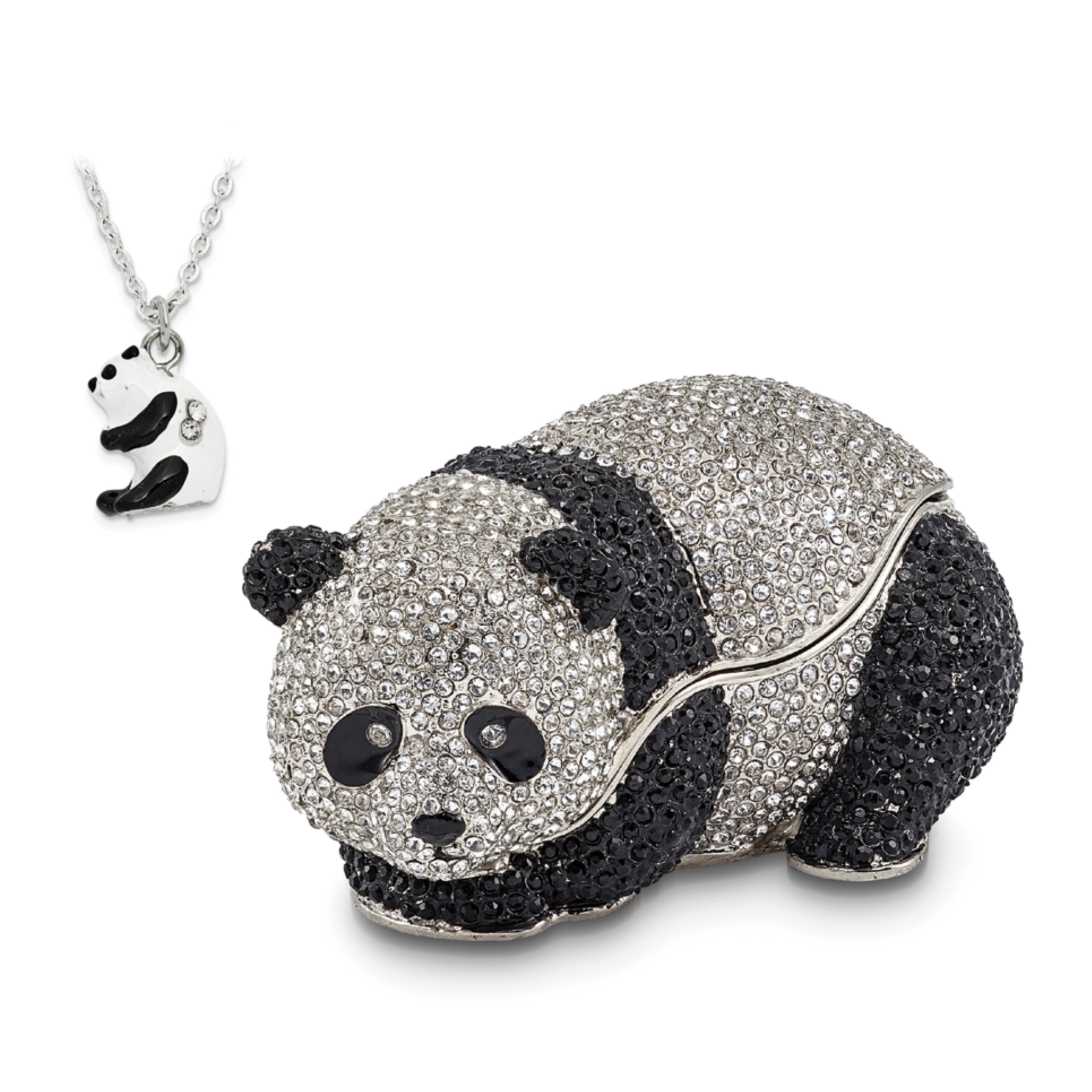 Luxury Giftware Pewter Bejeweled Crystals Silver-tone Enameled TING TING Full Crystal Panda Bear Trinket Box with Matching 18 Inch Necklace