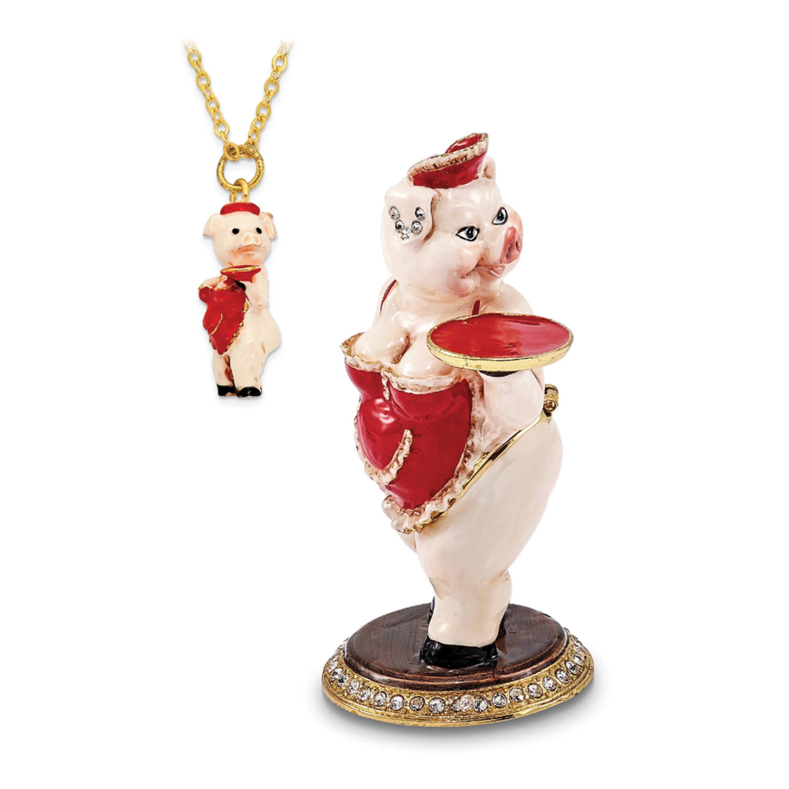 Luxury Giftware Pewter Bejeweled Crystals Gold-tone Enameled FANCY NANCY Waitress Pig Trinket Box with Matching 18 Inch Necklace