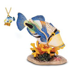 Luxury Giftware Pewter Bejeweled Crystals Gold-tone Enameled PICASSO Large Humu Humu Fish Trinket Box with Matching 18 Inch Necklace