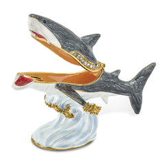 Luxury Giftware Pewter Bejeweled Crystals Gold-tone Enameled ACE Great White Shark Trinket Box with Matching 18 Inch Necklace