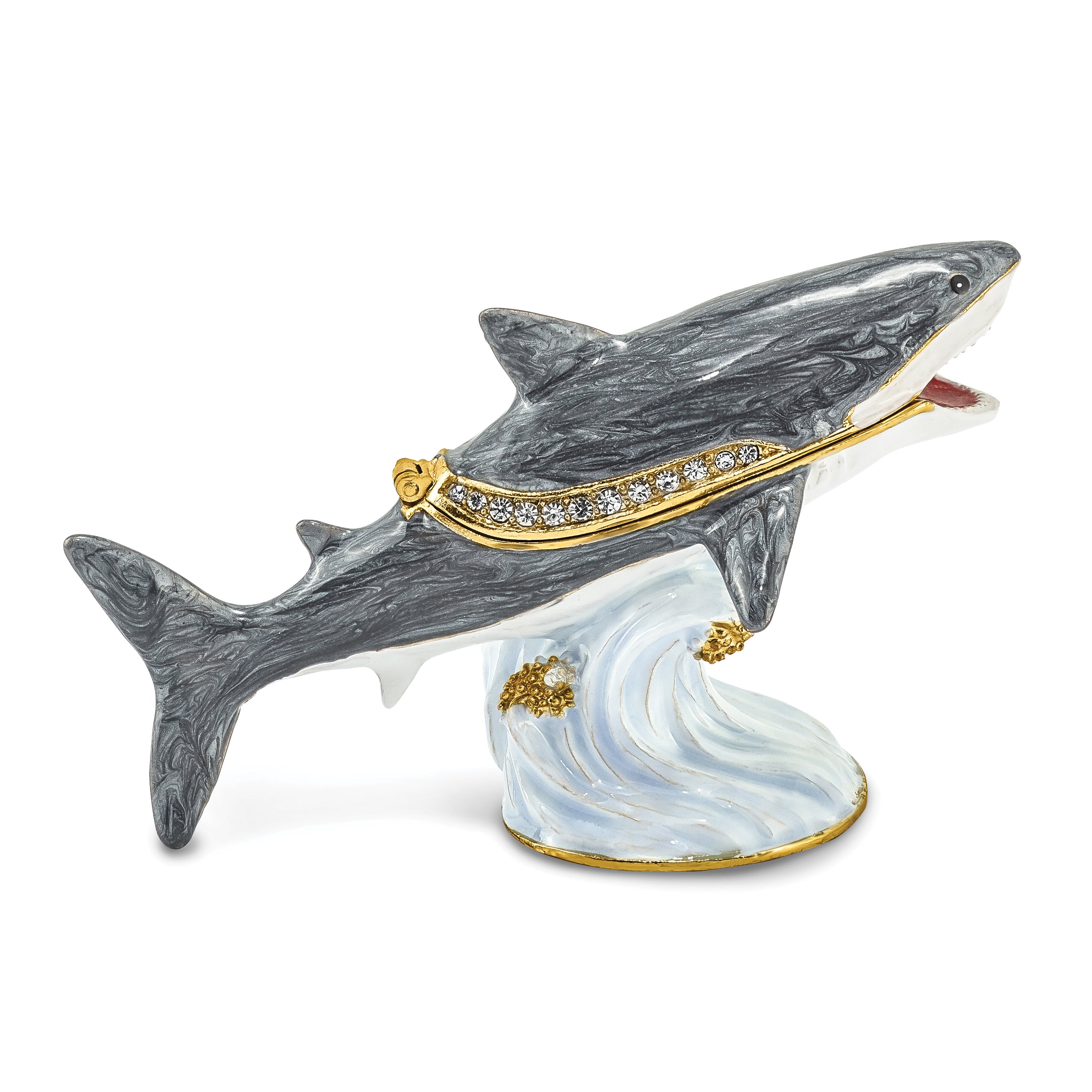 Luxury Giftware Pewter Bejeweled Crystals Gold-tone Enameled ACE Great White Shark Trinket Box with Matching 18 Inch Necklace