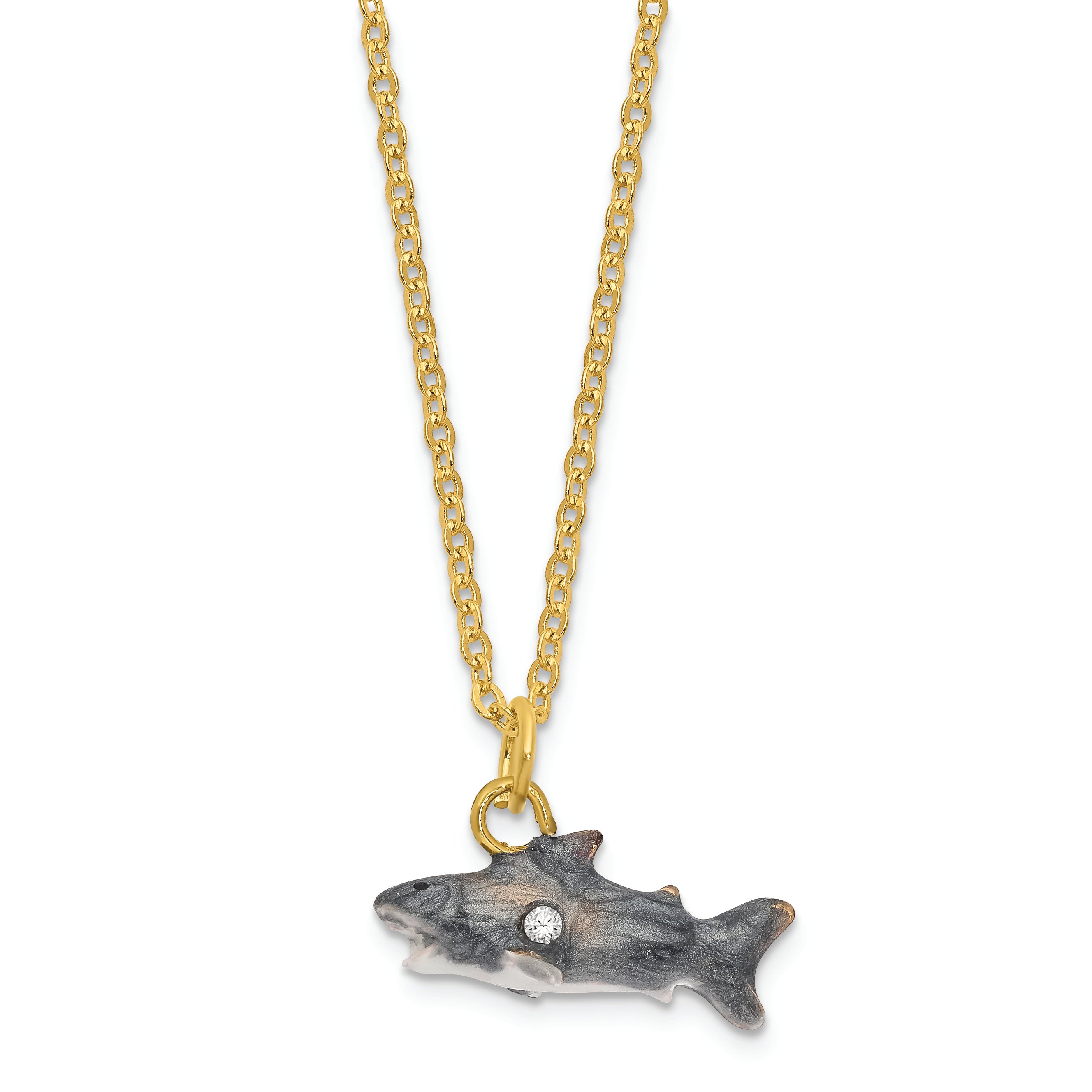 Luxury Giftware Pewter Bejeweled Crystals Gold-tone Enameled ACE Great White Shark Trinket Box with Matching 18 Inch Necklace