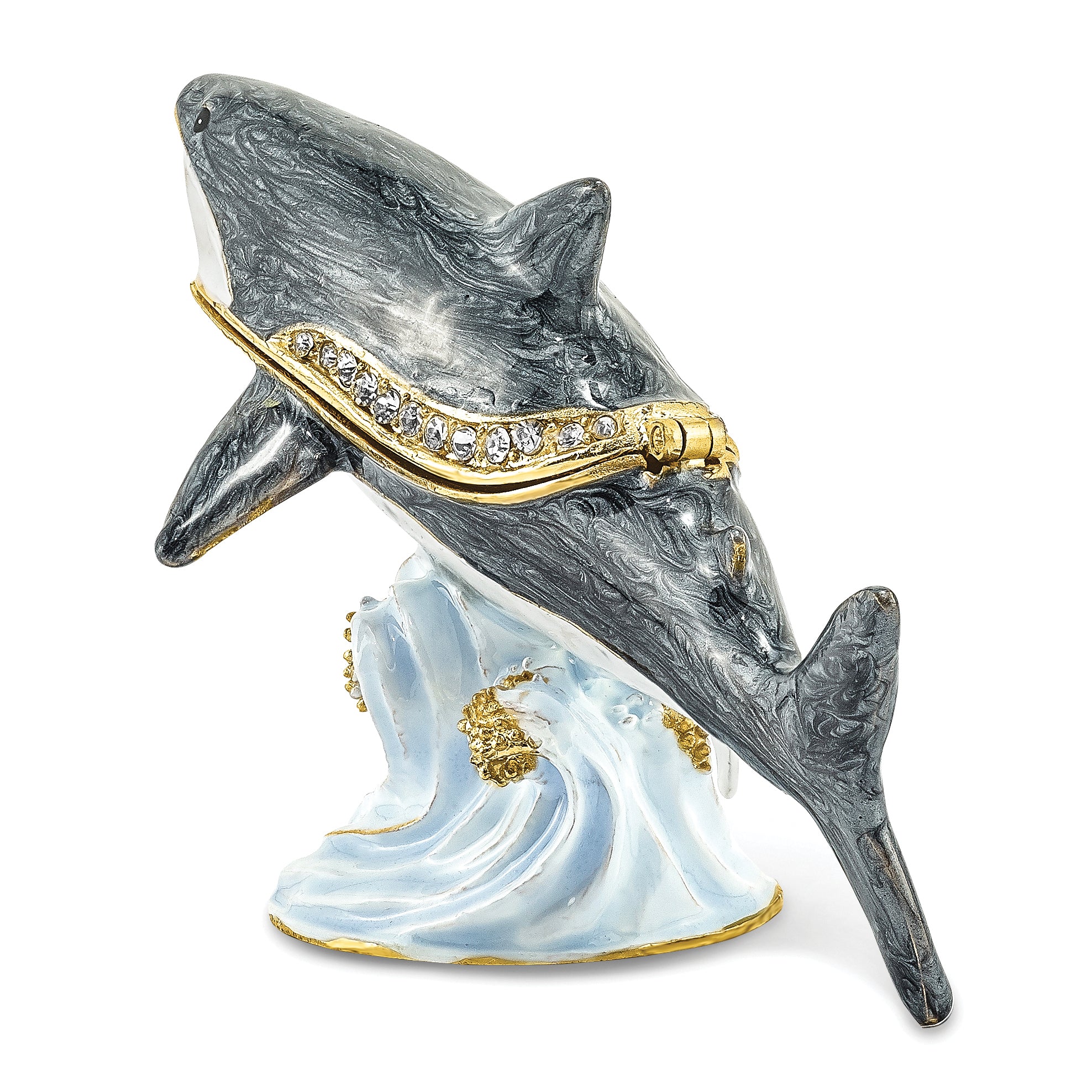 Luxury Giftware Pewter Bejeweled Crystals Gold-tone Enameled ACE Great White Shark Trinket Box with Matching 18 Inch Necklace