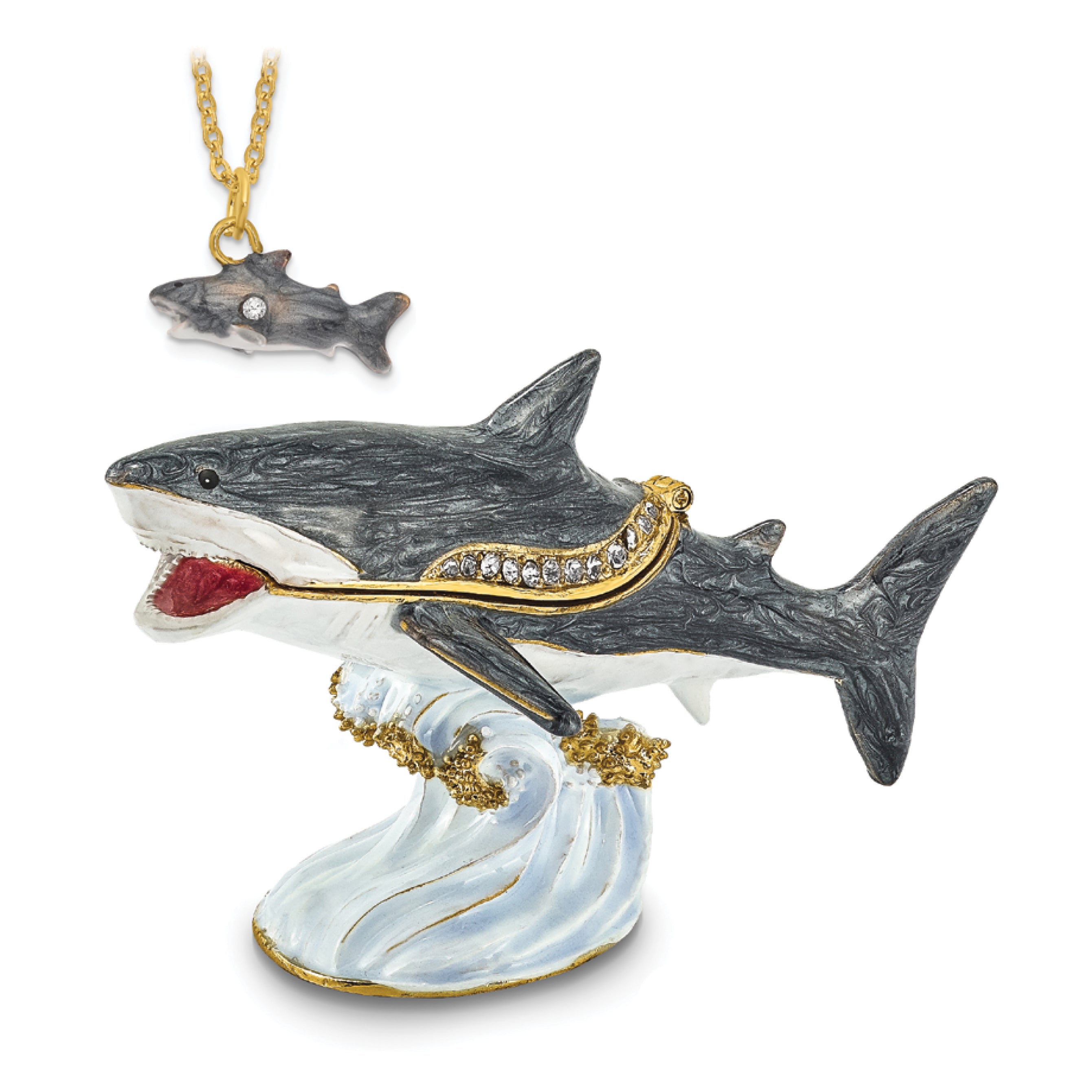 Luxury Giftware Pewter Bejeweled Crystals Gold-tone Enameled ACE Great White Shark Trinket Box with Matching 18 Inch Necklace