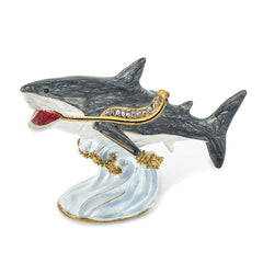 Luxury Giftware Pewter Bejeweled Crystals Gold-tone Enameled ACE Great White Shark Trinket Box with Matching 18 Inch Necklace