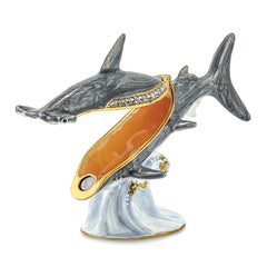 Luxury Giftware Pewter Bejeweled Crystals Gold-tone Enameled CLOBBER Hammerhead Shark Trinket Box with Matching 18 Inch Necklace