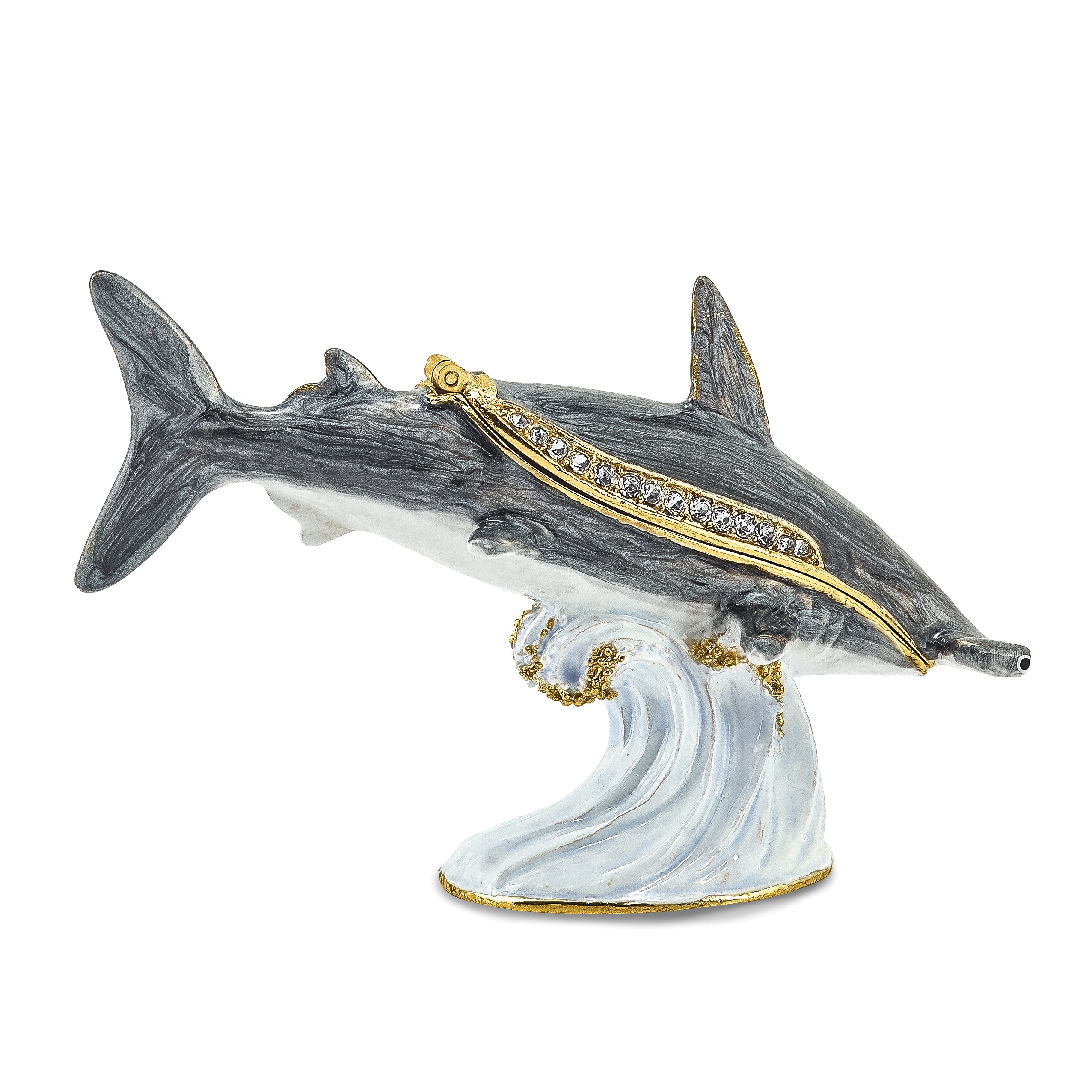 Luxury Giftware Pewter Bejeweled Crystals Gold-tone Enameled CLOBBER Hammerhead Shark Trinket Box with Matching 18 Inch Necklace