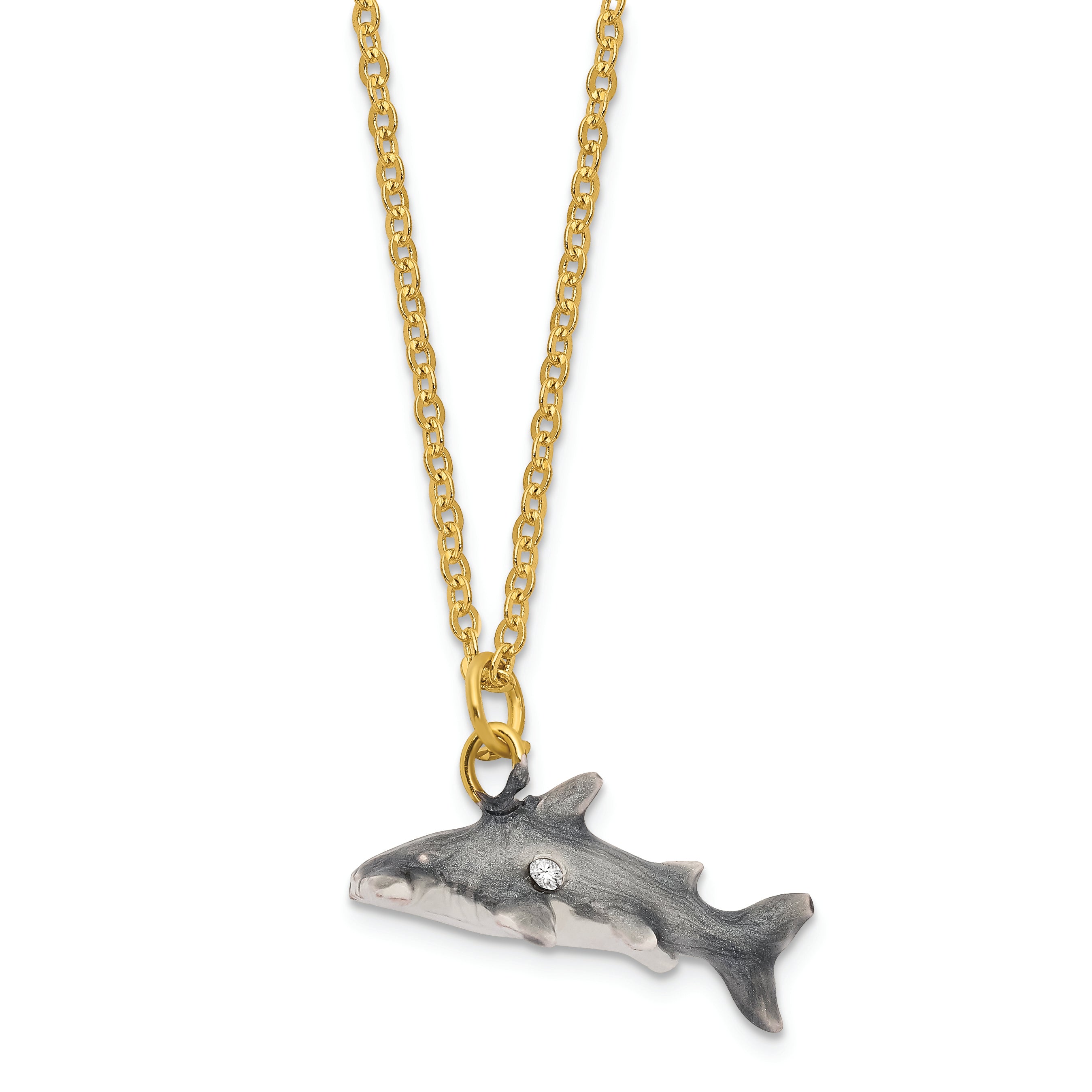 Luxury Giftware Pewter Bejeweled Crystals Gold-tone Enameled CLOBBER Hammerhead Shark Trinket Box with Matching 18 Inch Necklace