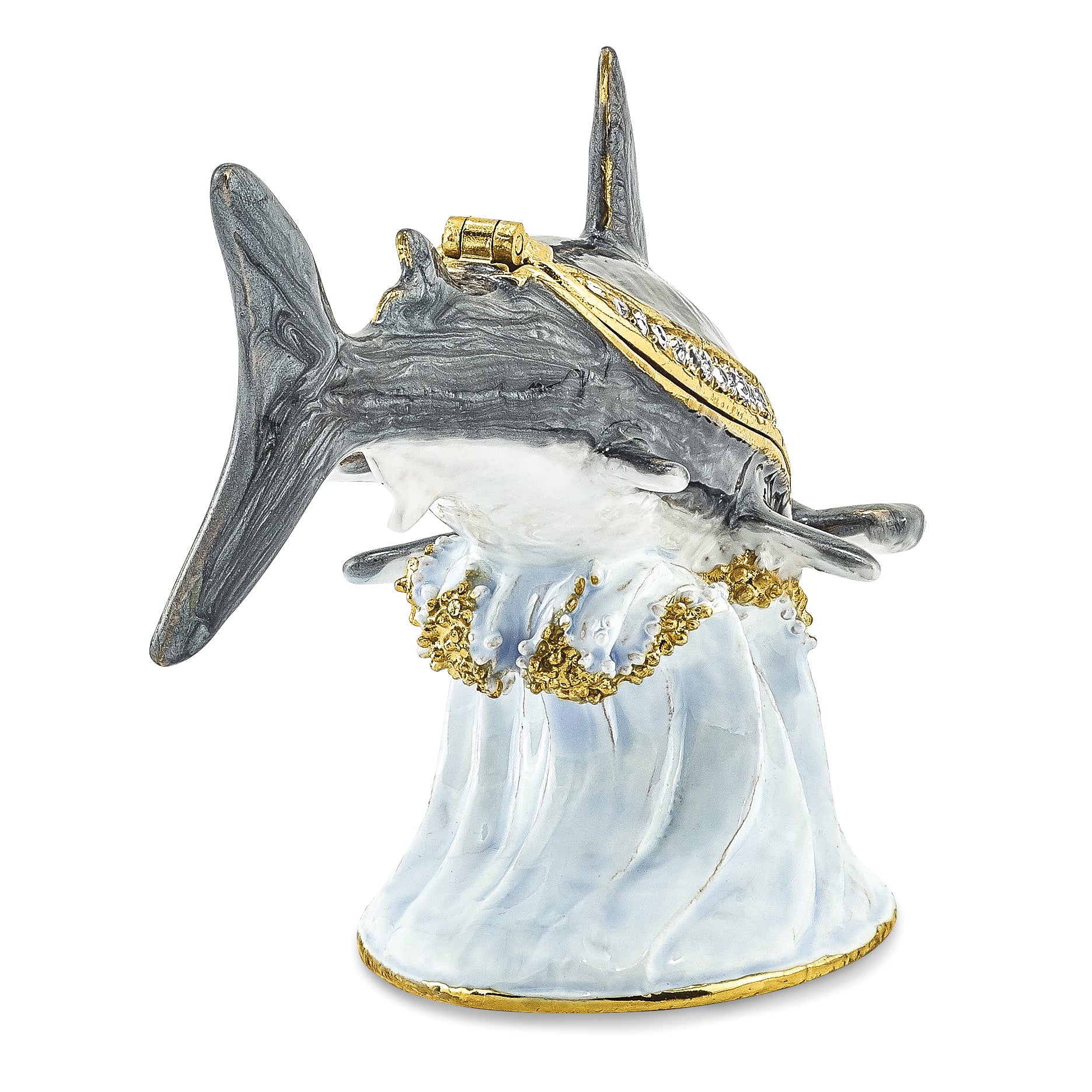 Luxury Giftware Pewter Bejeweled Crystals Gold-tone Enameled CLOBBER Hammerhead Shark Trinket Box with Matching 18 Inch Necklace