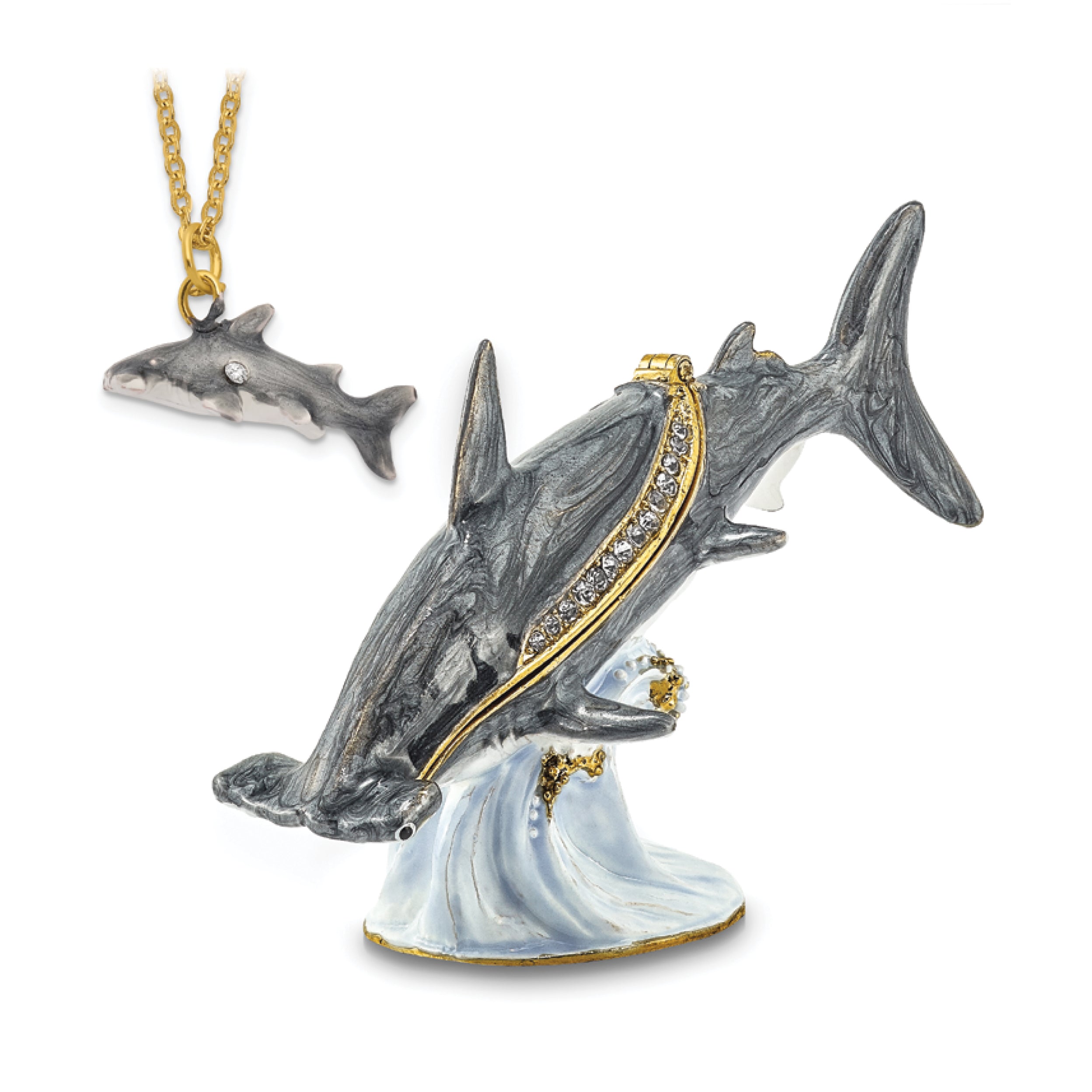 Luxury Giftware Pewter Bejeweled Crystals Gold-tone Enameled CLOBBER Hammerhead Shark Trinket Box with Matching 18 Inch Necklace