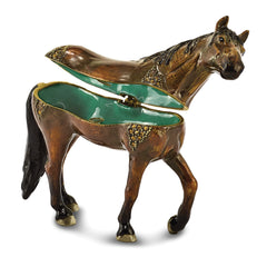 Luxury Giftware Pewter Bejeweled Crystals Gold-tone Enameled SPENCER Dark Bay Horse Trinket Box with Matching 18 Inch Necklace