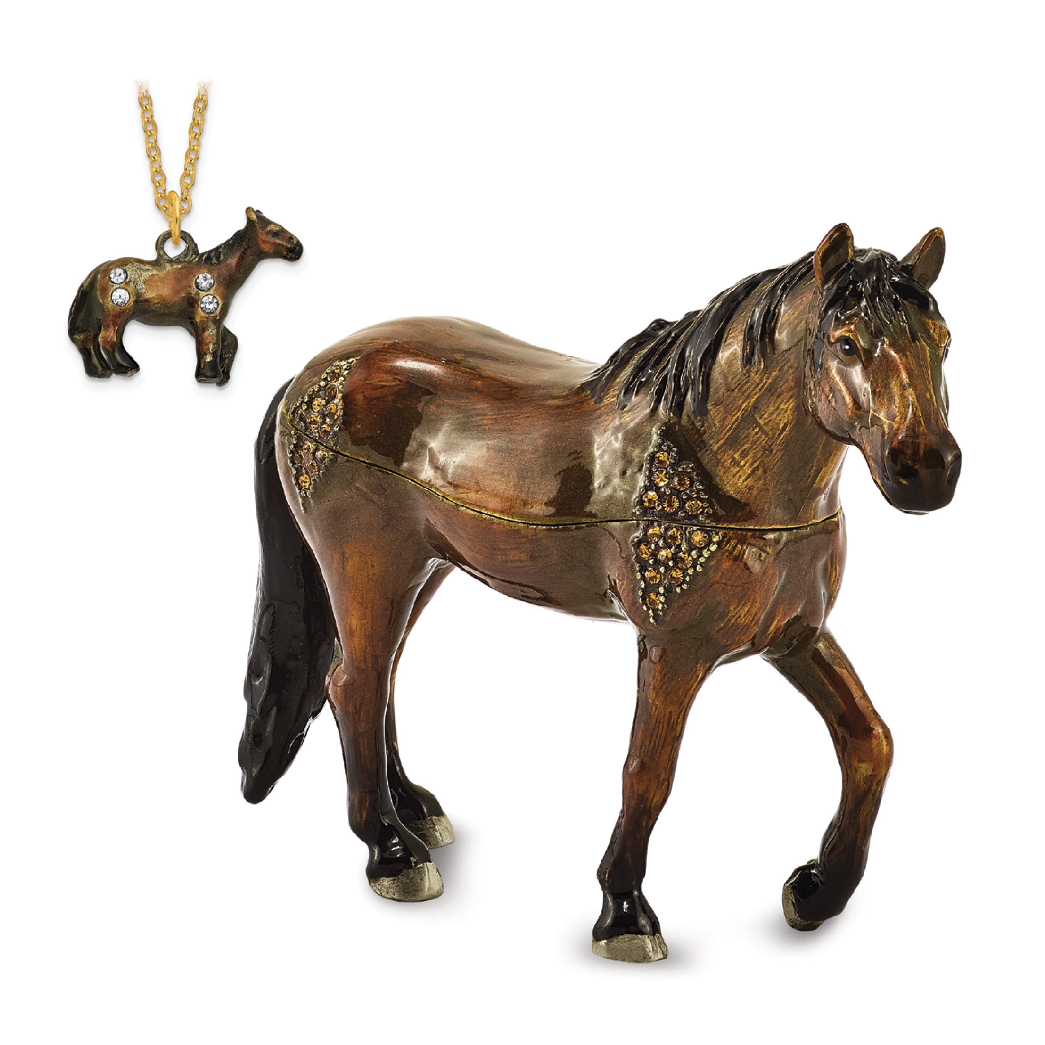 Luxury Giftware Pewter Bejeweled Crystals Gold-tone Enameled SPENCER Dark Bay Horse Trinket Box with Matching 18 Inch Necklace