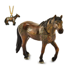 Luxury Giftware Pewter Bejeweled Crystals Gold-tone Enameled SPENCER Dark Bay Horse Trinket Box with Matching 18 Inch Necklace