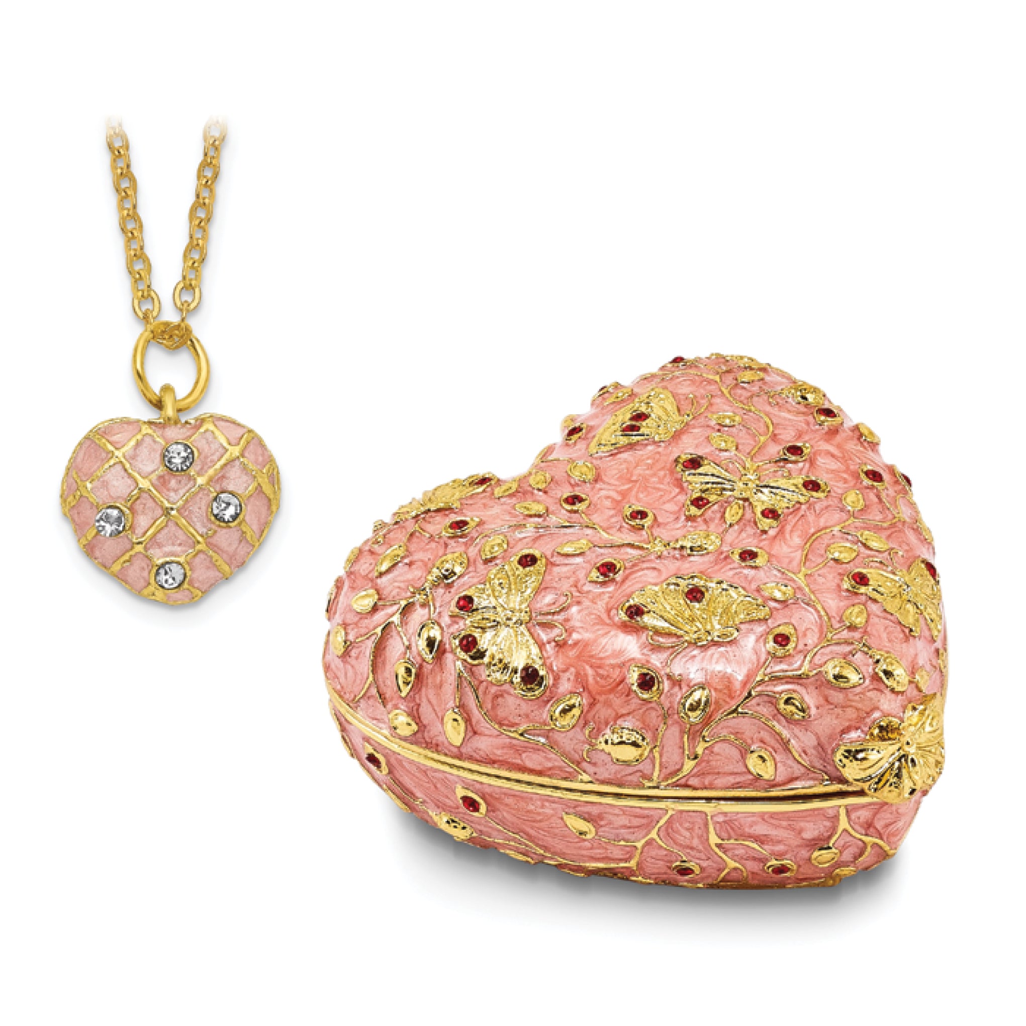 Luxury Giftware Pewter Bejeweled Crystals Gold-tone Enameled BUTTERFLY KISSES Pink Heart Trinket Box with Matching 18 Inch Necklace