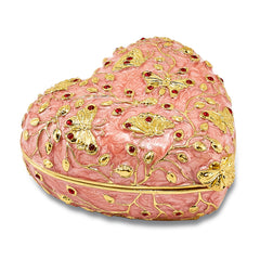 Luxury Giftware Pewter Bejeweled Crystals Gold-tone Enameled BUTTERFLY KISSES Pink Heart Trinket Box with Matching 18 Inch Necklace