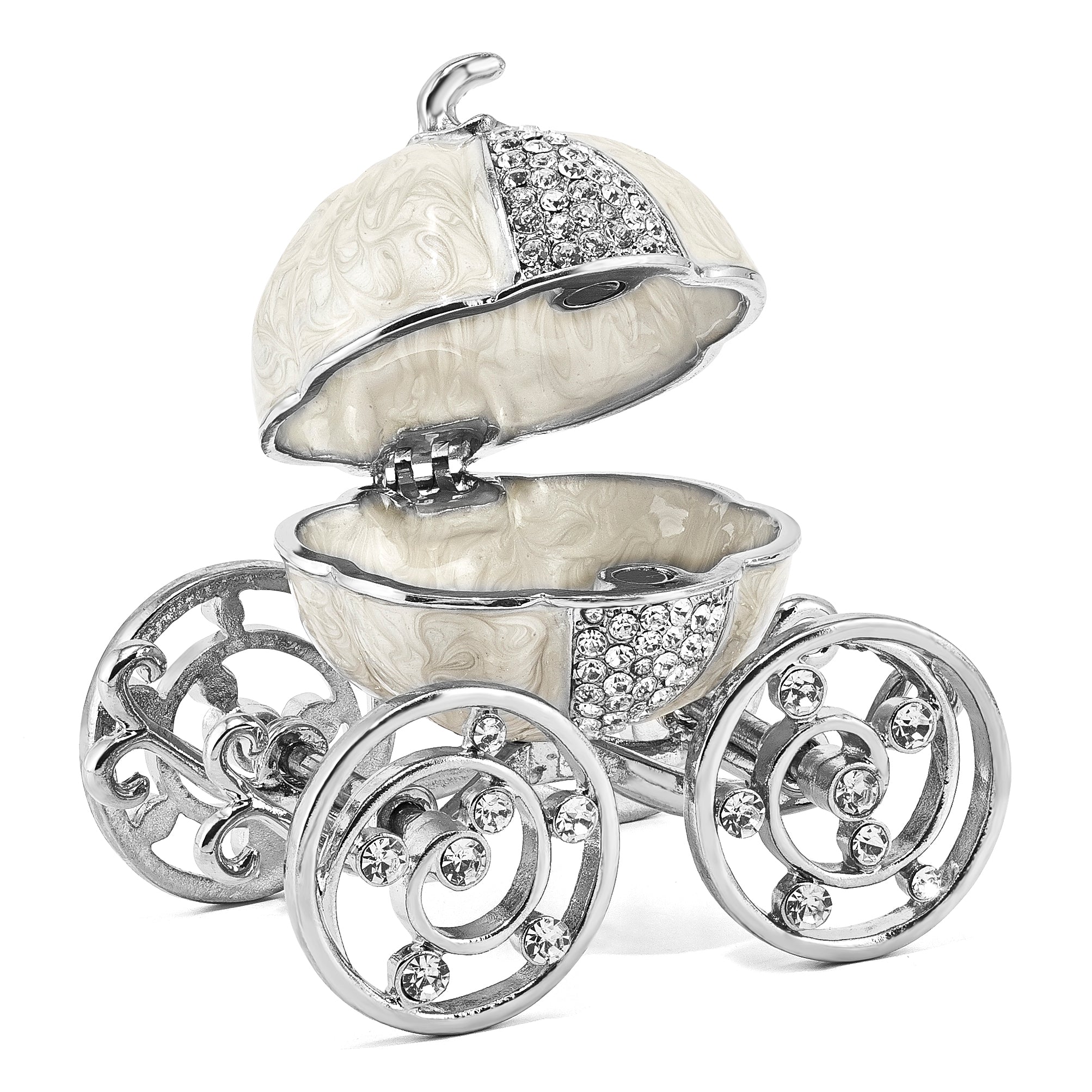 Luxury Giftware Pewter Bejeweled Crystals Silver-tone Enameled EVER AFTER Pumpkin Coach w/Ring Pad Trinket Box with Matching 18 Inch Necklace