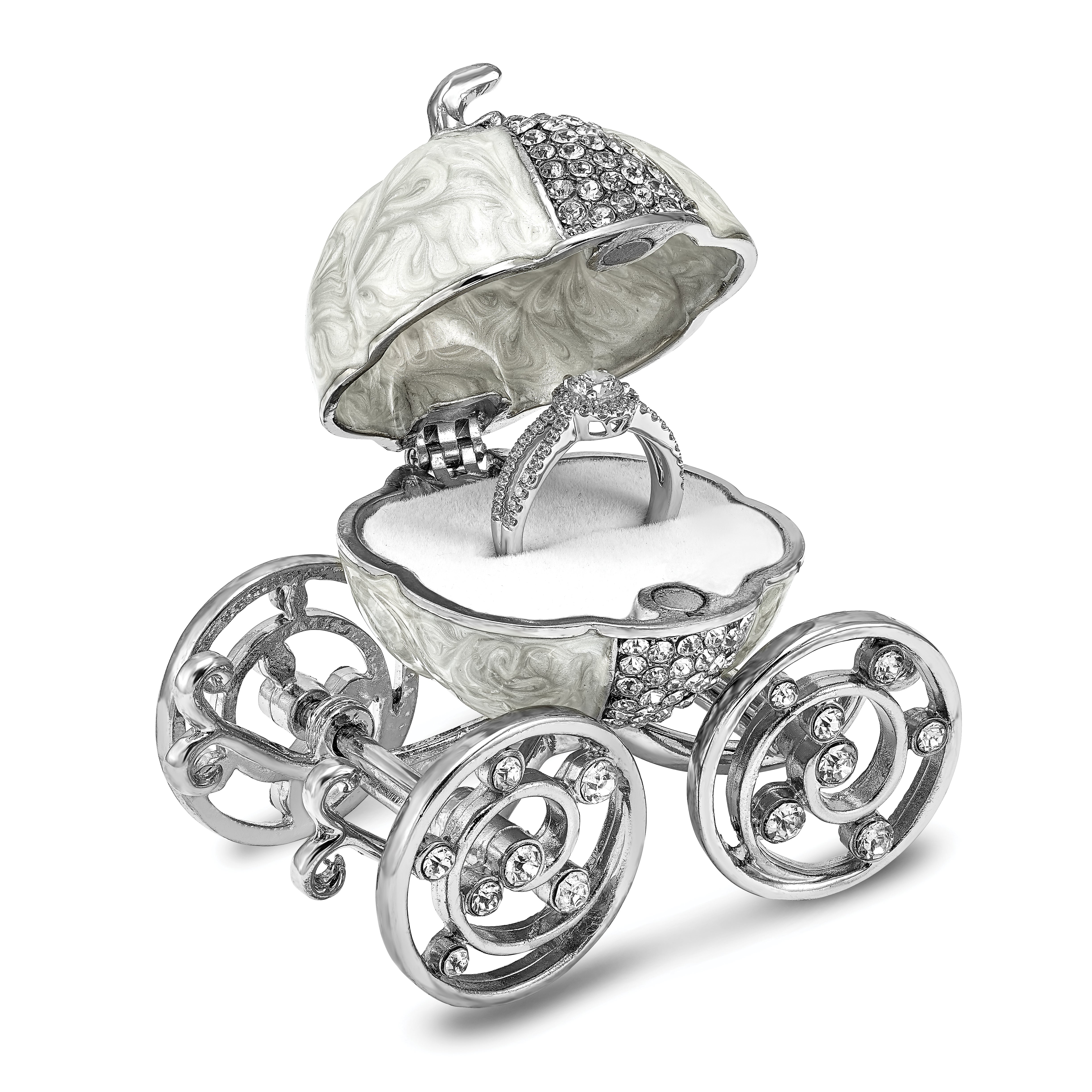 Luxury Giftware Pewter Bejeweled Crystals Silver-tone Enameled EVER AFTER Pumpkin Coach w/Ring Pad Trinket Box with Matching 18 Inch Necklace