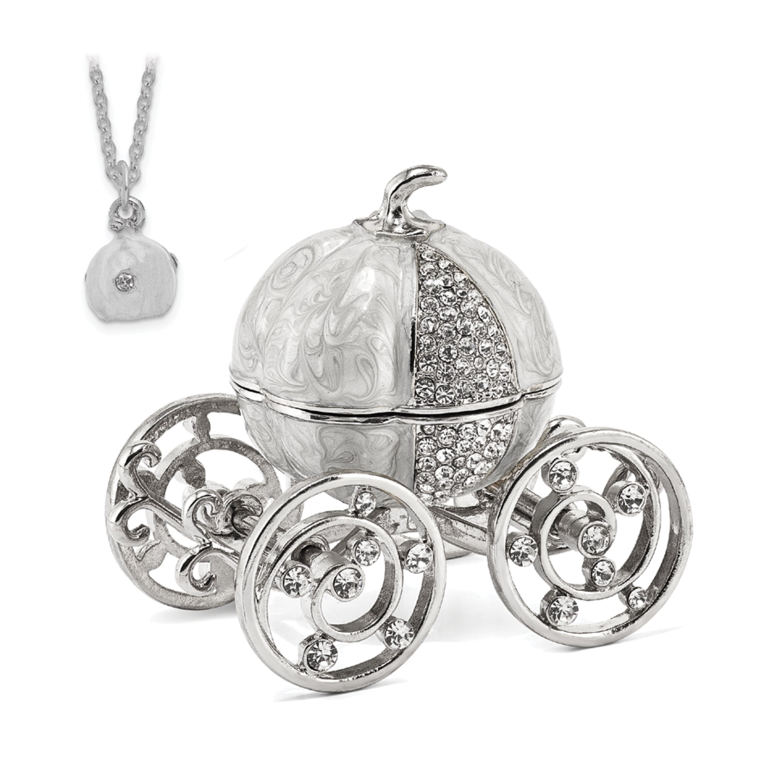 Luxury Giftware Pewter Bejeweled Crystals Silver-tone Enameled EVER AFTER Pumpkin Coach w/Ring Pad Trinket Box with Matching 18 Inch Necklace