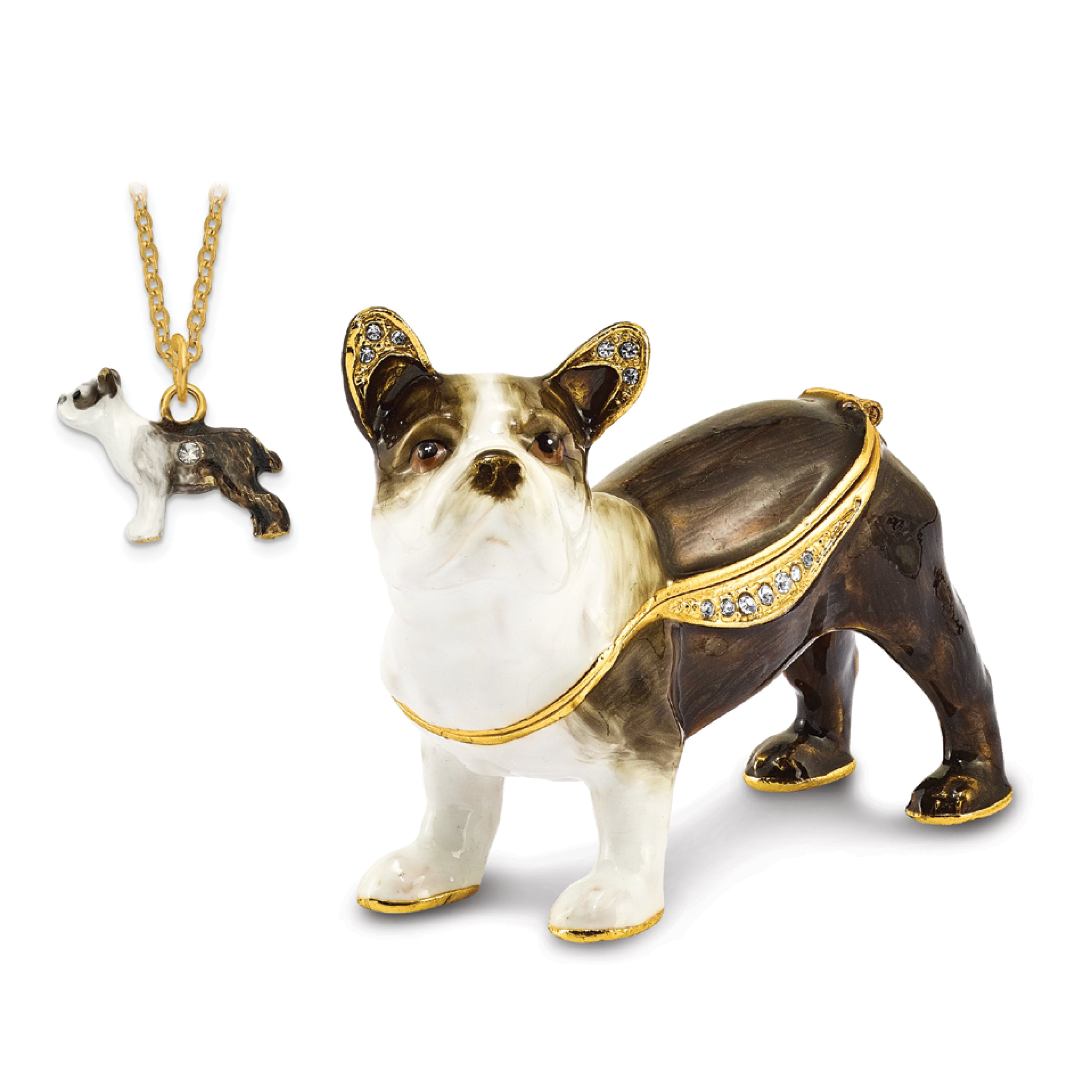 Luxury Giftware Pewter Bejeweled Crystals Gold-tone Enameled PIERRE French Bulldog Trinket Box with Matching 18 Inch Necklace