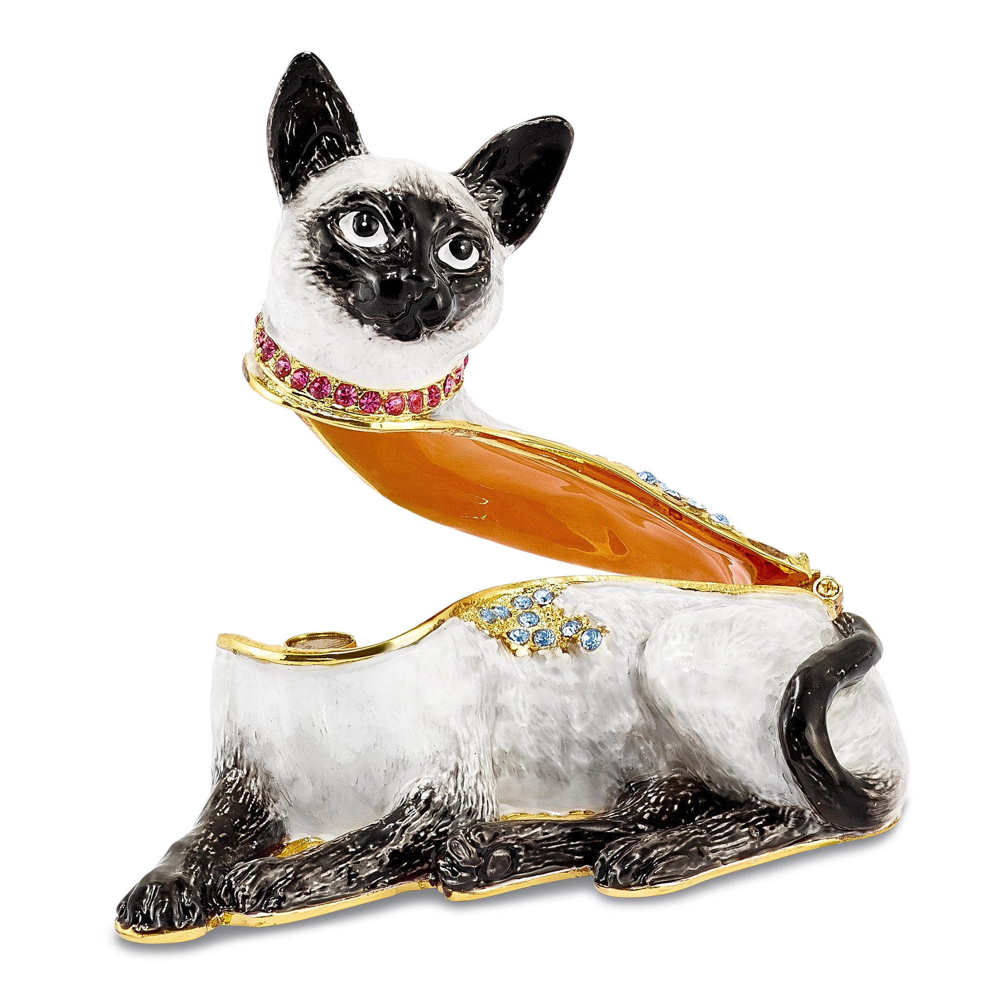 Luxury Giftware Pewter Bejeweled Crystals Gold-tone Enameled SOPHIE Siamese Cat Trinket Box with Matching 18 Inch Necklace