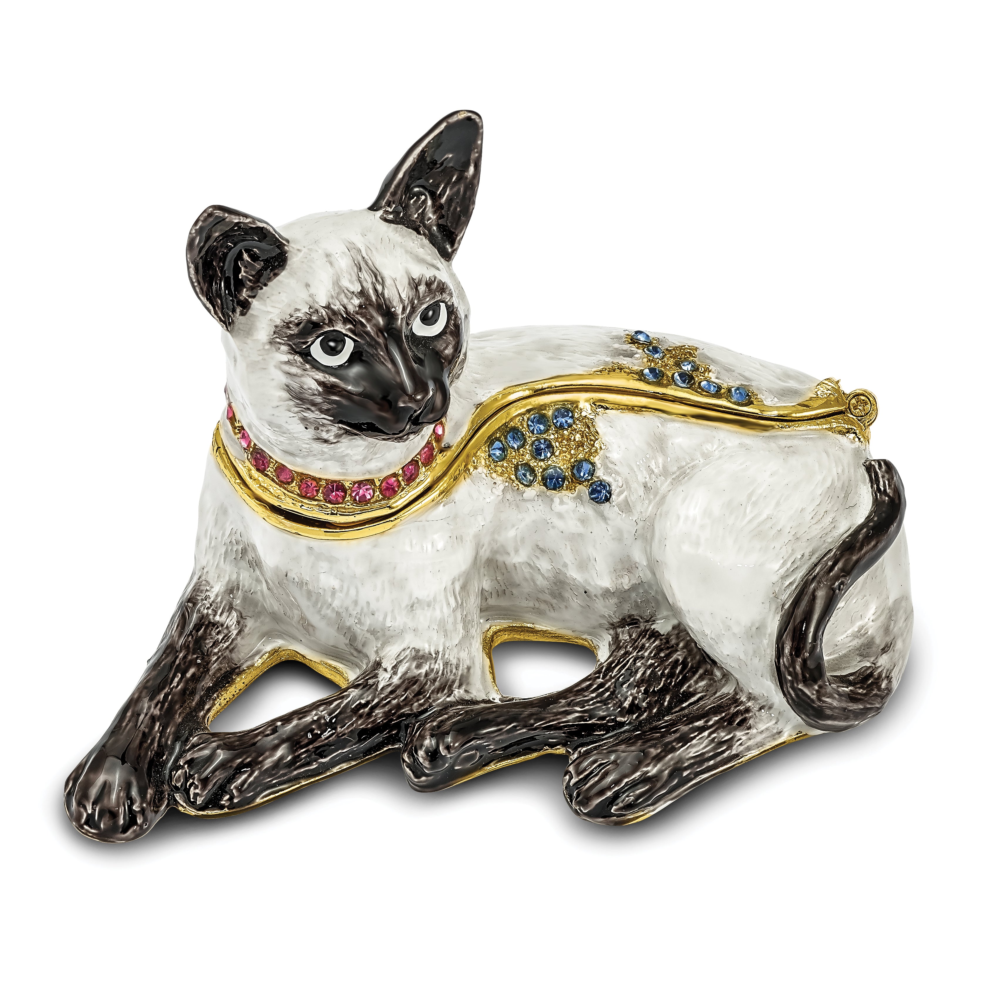 Luxury Giftware Pewter Bejeweled Crystals Gold-tone Enameled SOPHIE Siamese Cat Trinket Box with Matching 18 Inch Necklace