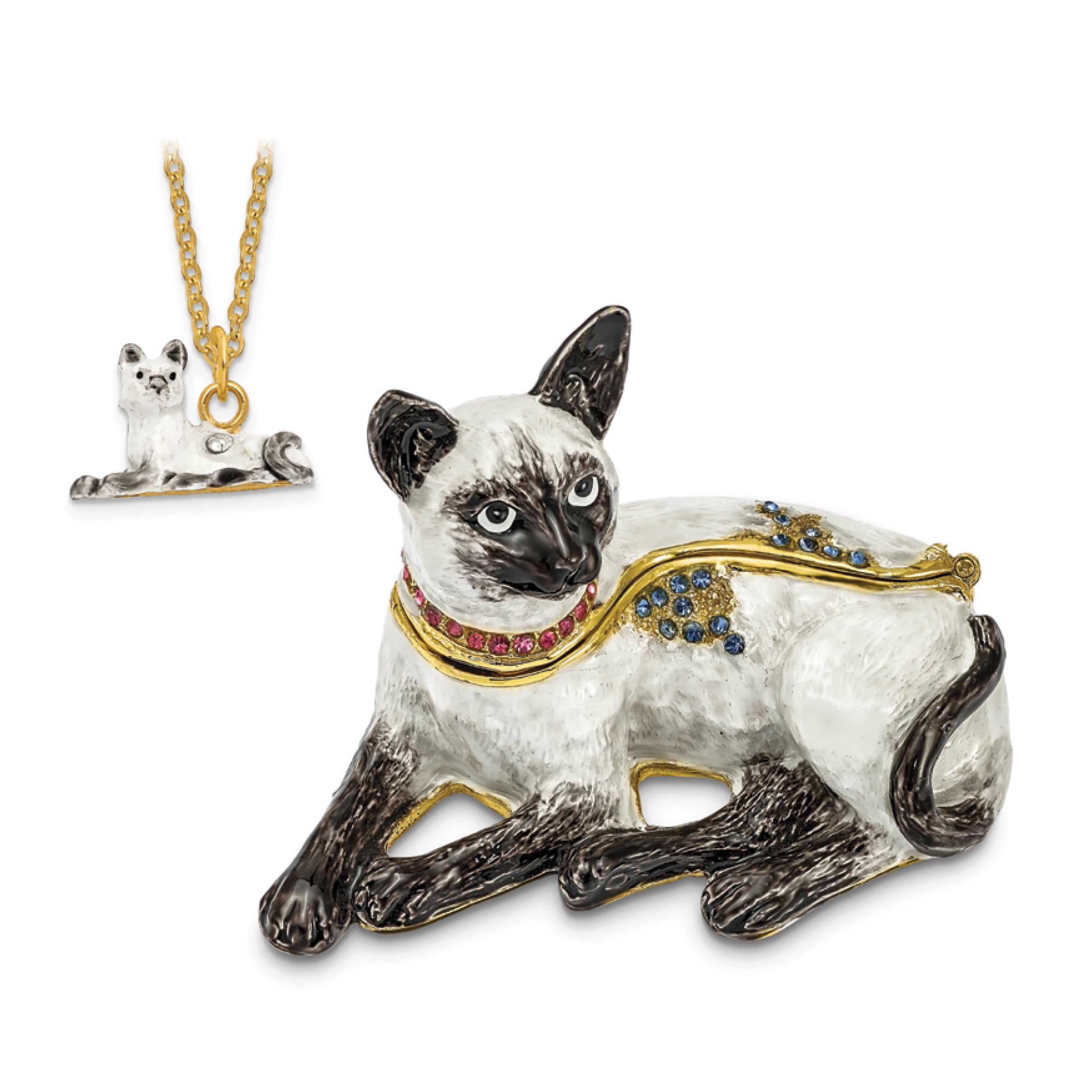 Luxury Giftware Pewter Bejeweled Crystals Gold-tone Enameled SOPHIE Siamese Cat Trinket Box with Matching 18 Inch Necklace