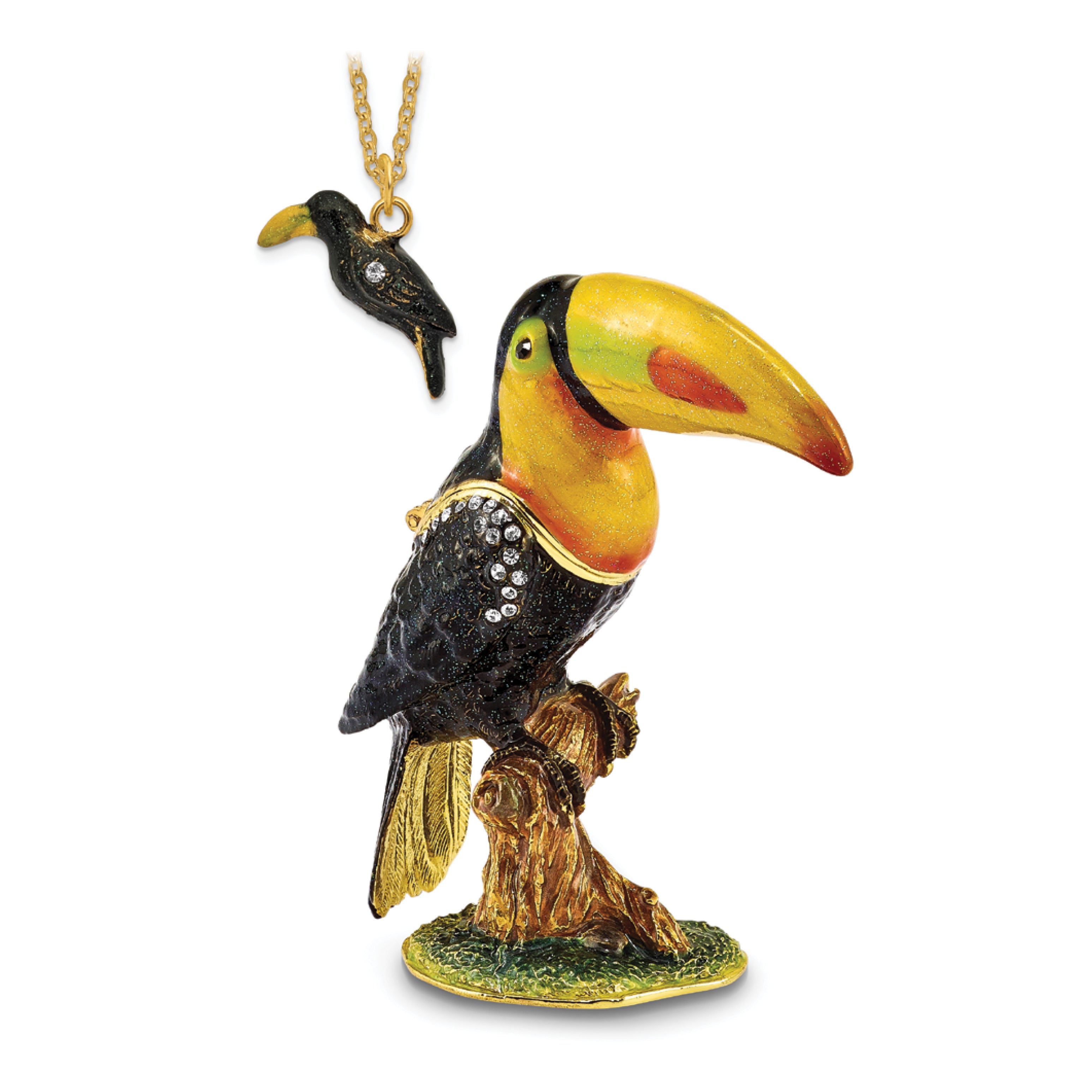 Luxury Giftware Pewter Bejeweled Crystals Gold-tone Enameled TANGO Toucan Trinket Box with Matching 18 Inch Necklace