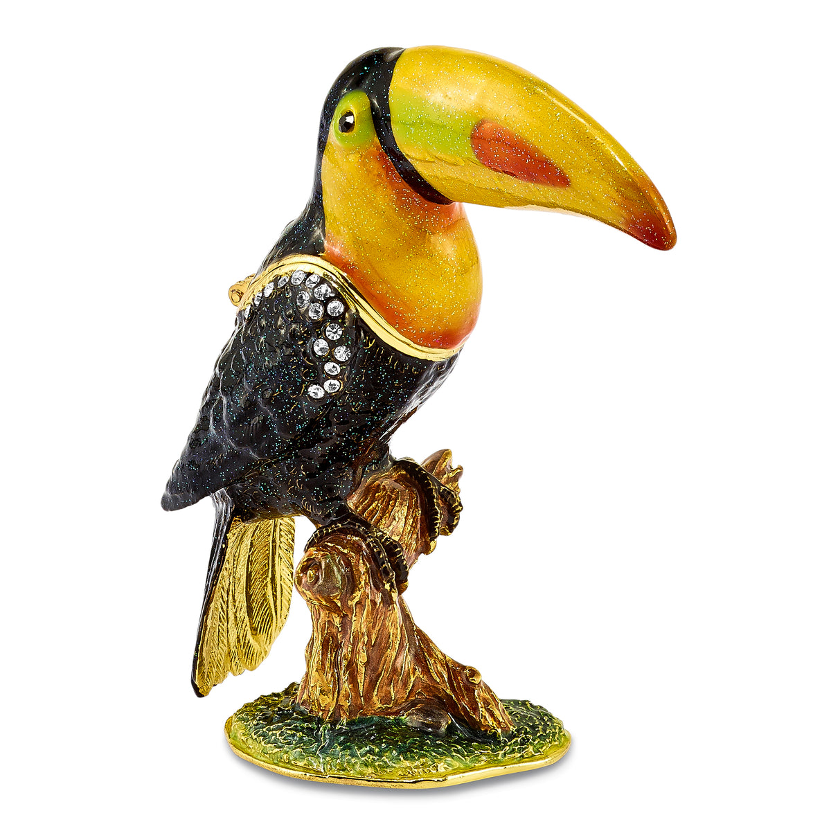 Luxury Giftware Pewter Bejeweled Crystals Gold-tone Enameled TANGO Toucan Trinket Box with Matching 18 Inch Necklace