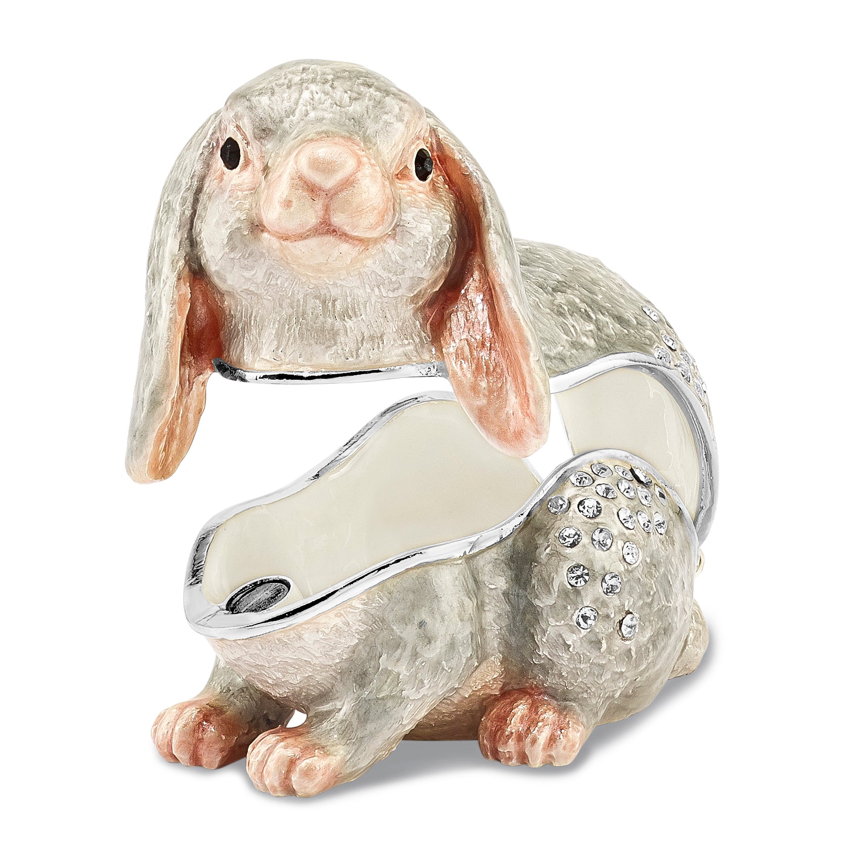 Luxury Giftware Pewter Bejeweled Crystals Silver-tone Enameled PHOEBE Floppy Ear Bunny Trinket Box with Matching 18 Inch Necklace