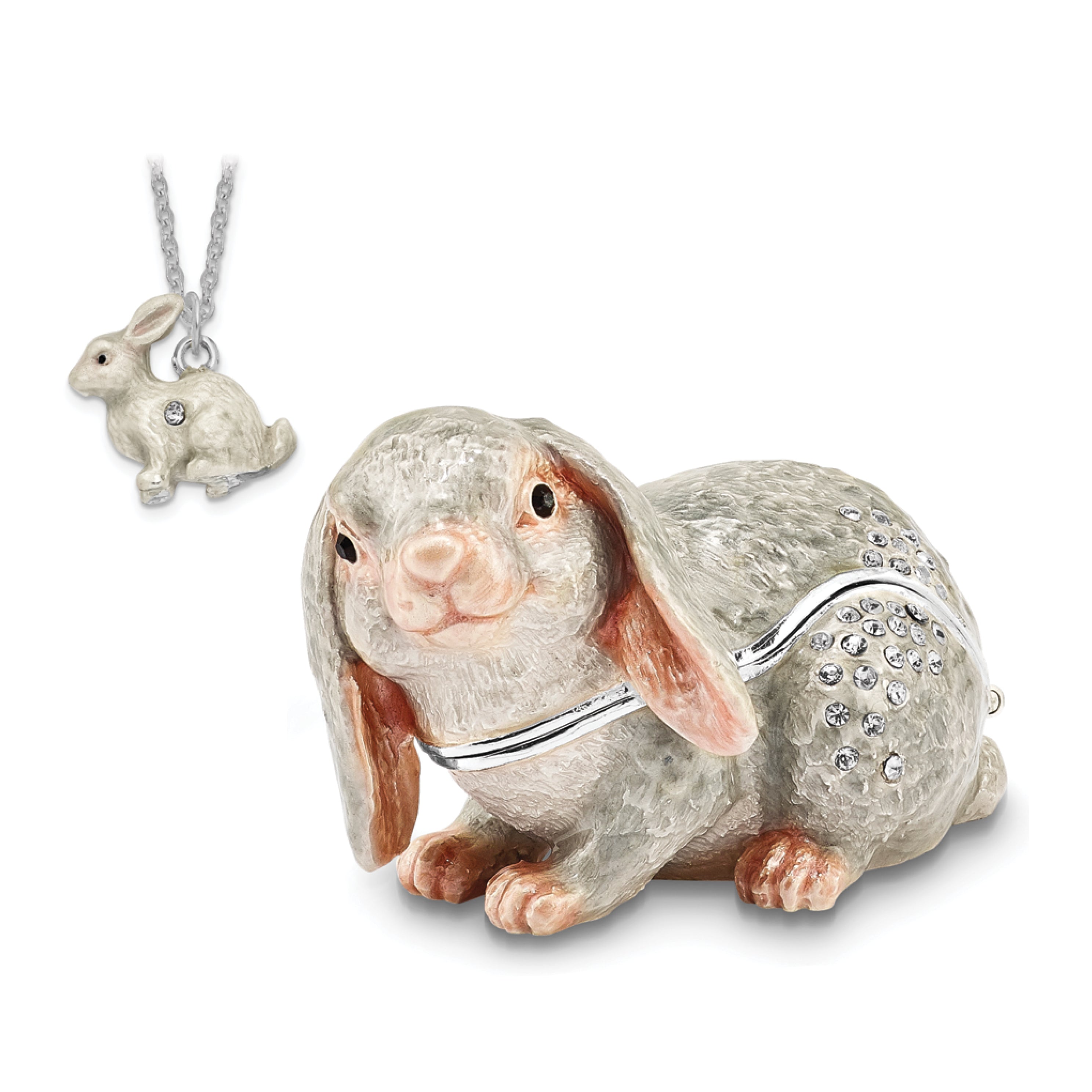 Luxury Giftware Pewter Bejeweled Crystals Silver-tone Enameled PHOEBE Floppy Ear Bunny Trinket Box with Matching 18 Inch Necklace