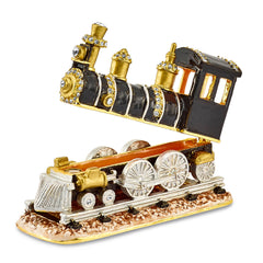 Luxury Giftware Pewter Bejeweled Crystals Gold-tone Enameled AXEL Steam Engine Trinket Box with Matching 18 Inch Necklace