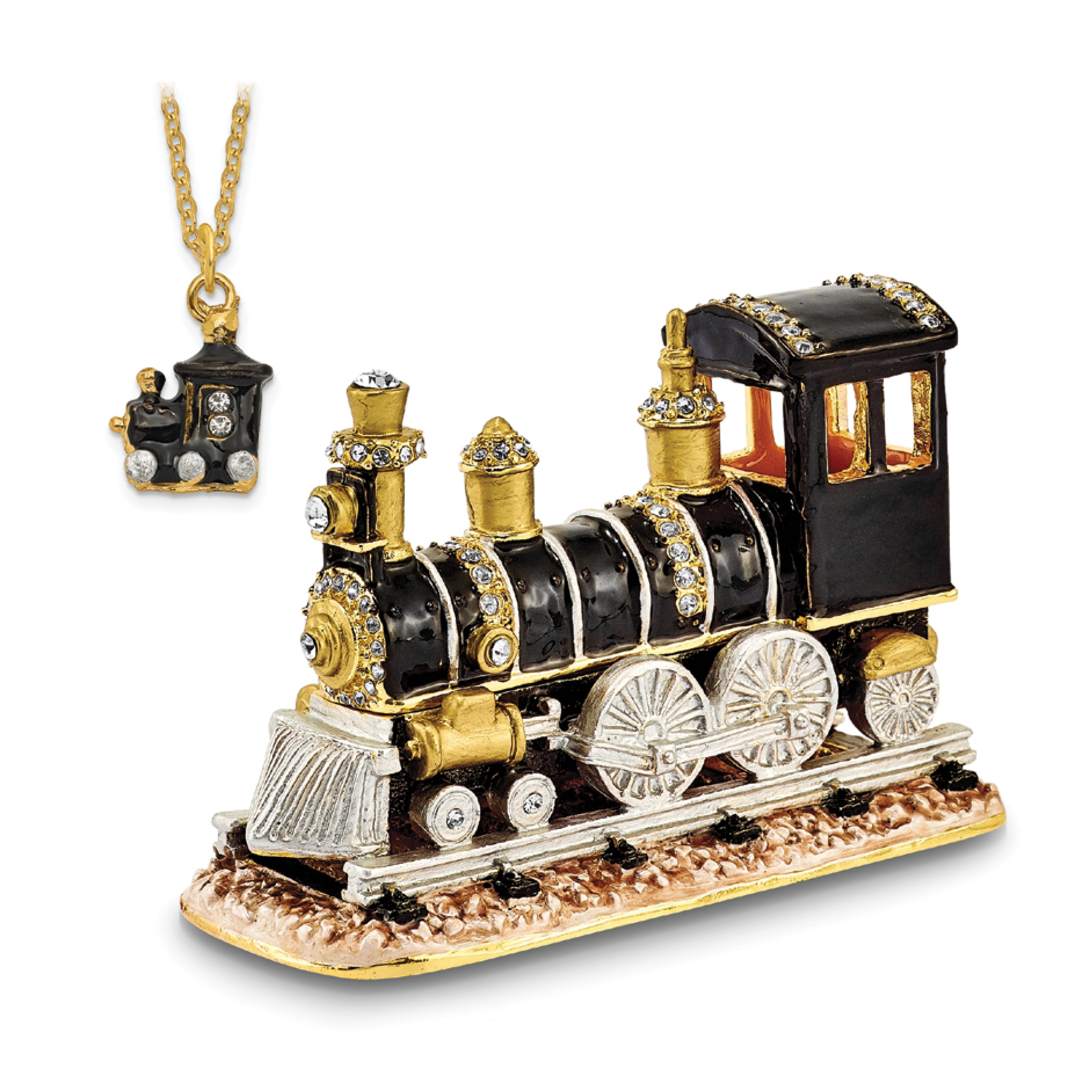 Luxury Giftware Pewter Bejeweled Crystals Gold-tone Enameled AXEL Steam Engine Trinket Box with Matching 18 Inch Necklace