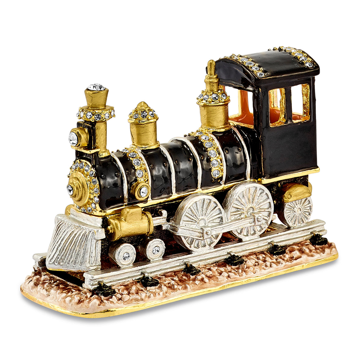 Luxury Giftware Pewter Bejeweled Crystals Gold-tone Enameled AXEL Steam Engine Trinket Box with Matching 18 Inch Necklace