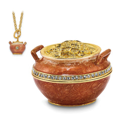 Luxury Giftware Pewter Bejeweled Crystals Gold-tone Enameled END OF THE RAINBOW Pot of Gold Trinket Box with Matching 18 Inch Necklace