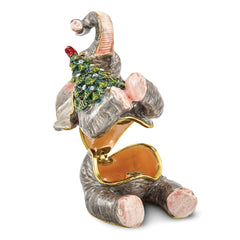 Luxury Giftware Pewter Bejeweled Crystals Gold-tone Enameled ELROY Elephant w/Christmas Tree Trinket Box with Matching 18 Inch Necklace