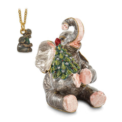 Luxury Giftware Pewter Bejeweled Crystals Gold-tone Enameled ELROY Elephant w/Christmas Tree Trinket Box with Matching 18 Inch Necklace