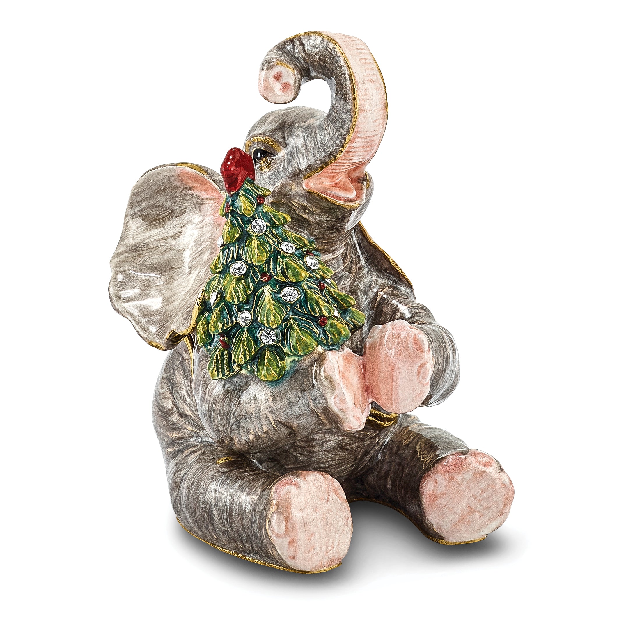 Luxury Giftware Pewter Bejeweled Crystals Gold-tone Enameled ELROY Elephant w/Christmas Tree Trinket Box with Matching 18 Inch Necklace