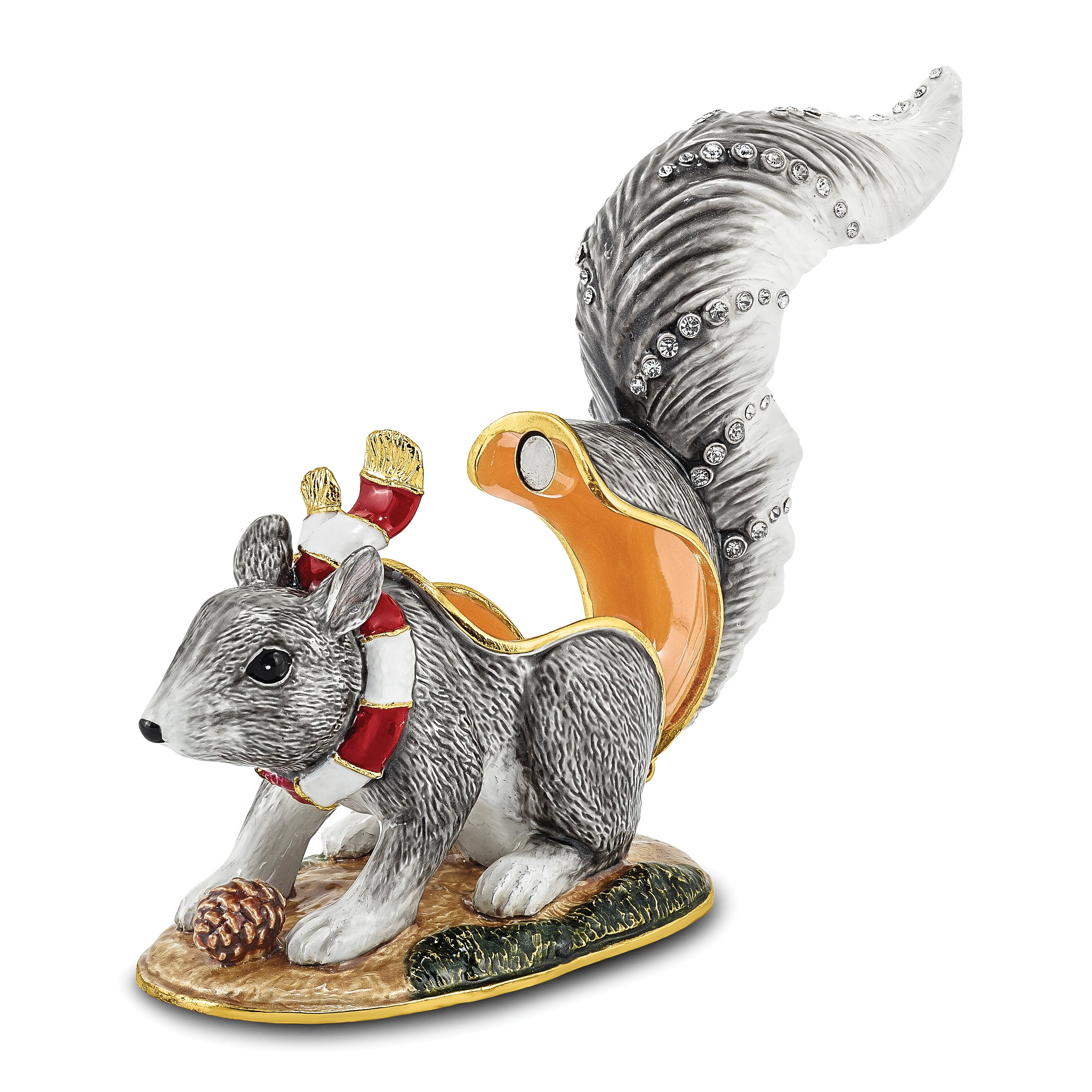 Luxury Giftware Pewter Bejeweled Crystals Gold-tone Enameled MAVERICK Winter Grey Squirrel Trinket Box with Matching 18 Inch Necklace